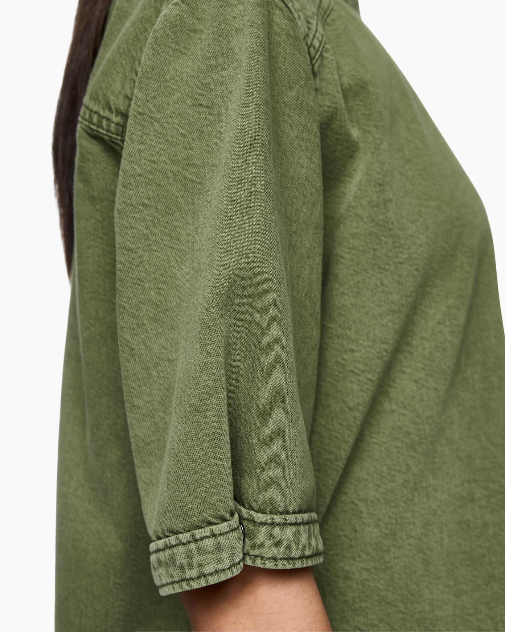 green, shirt, long sleeve, denim-like, rolled cuff