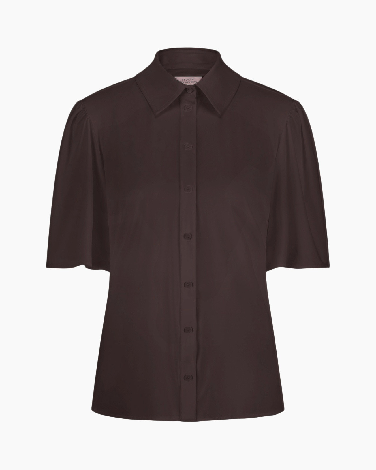 knopen-down, korte-mouw, bruin, kraag, top