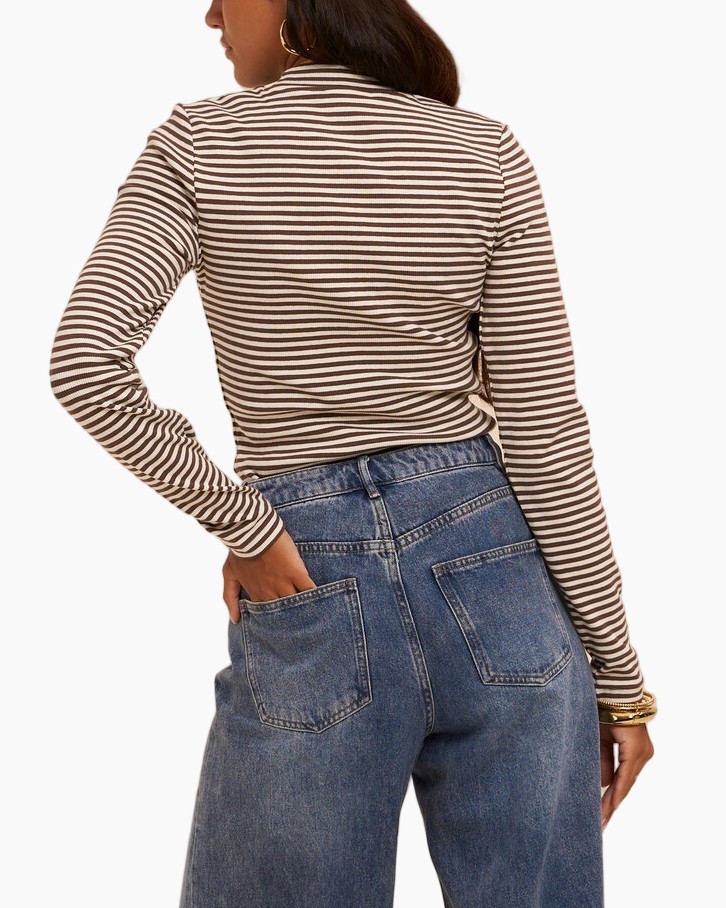 gestreepte top, ribbelige wollen boord, rolkraag, langer mouw, casual top