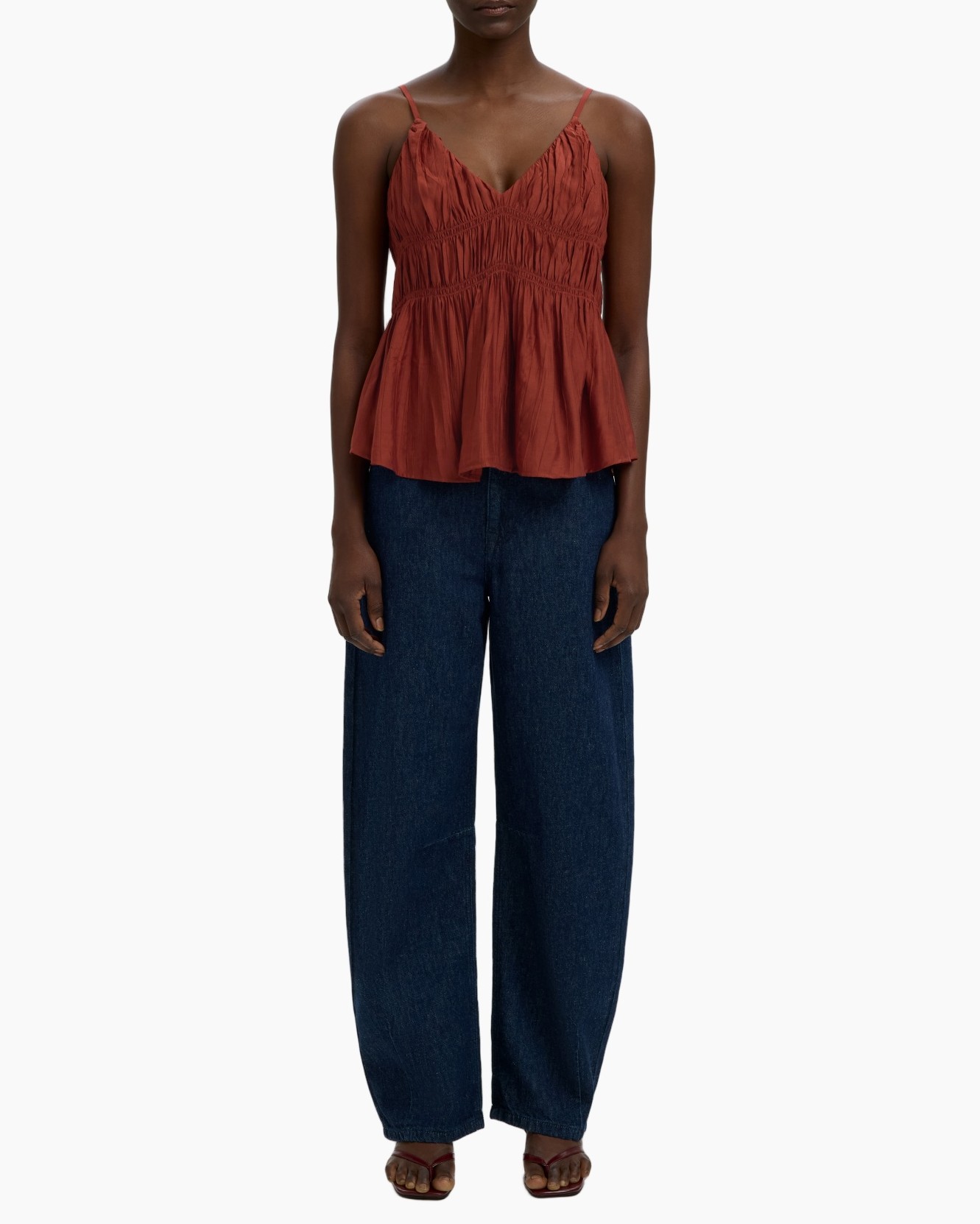 top met peplum, fleks korte mouwen?, rood/oranje top, denim broek