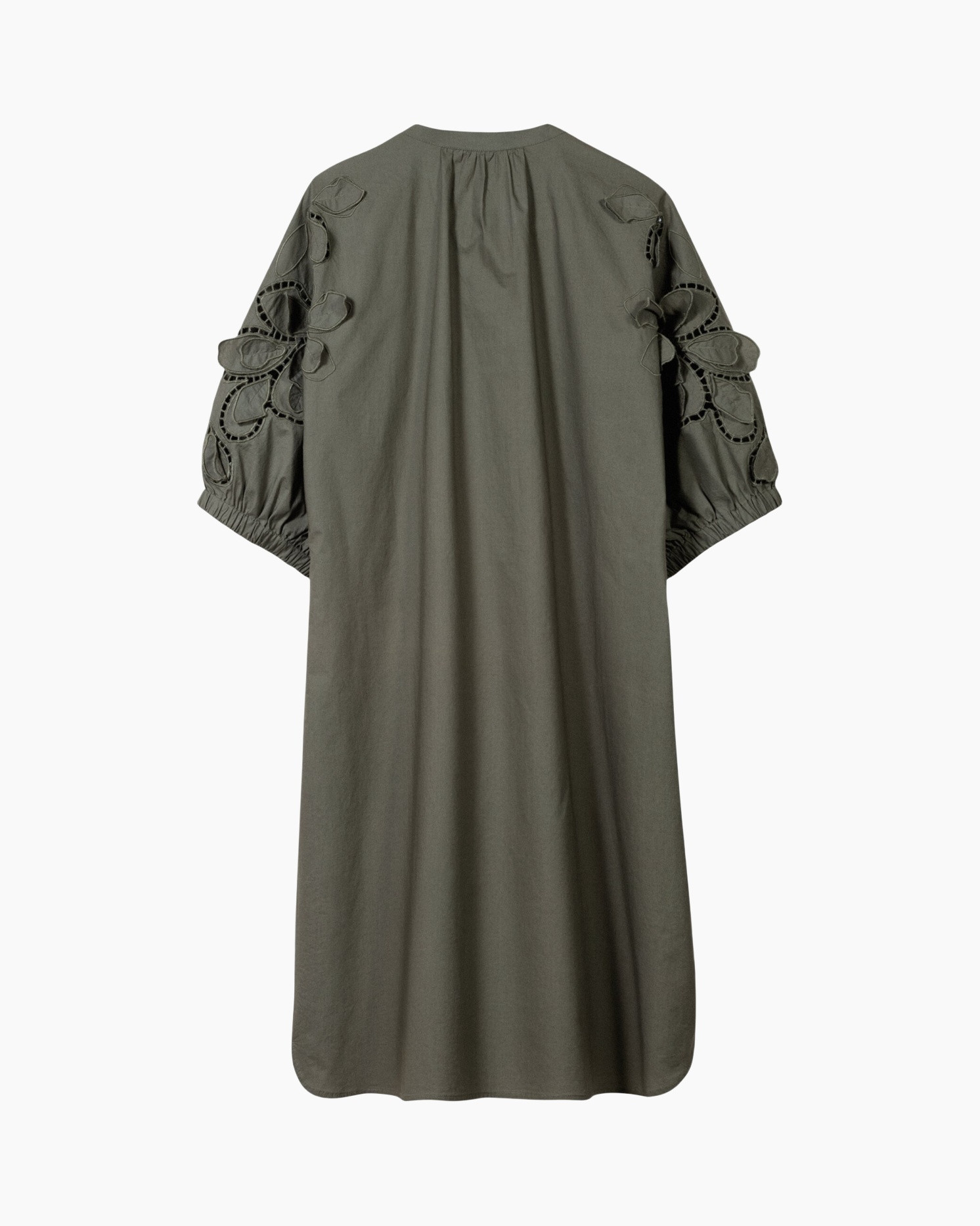 abaya, jurk, olijfgroen, linnen, borduurwerk mouwen