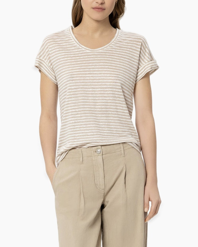T-shirt, gestreept, beige, kraagloos?, korte mouw