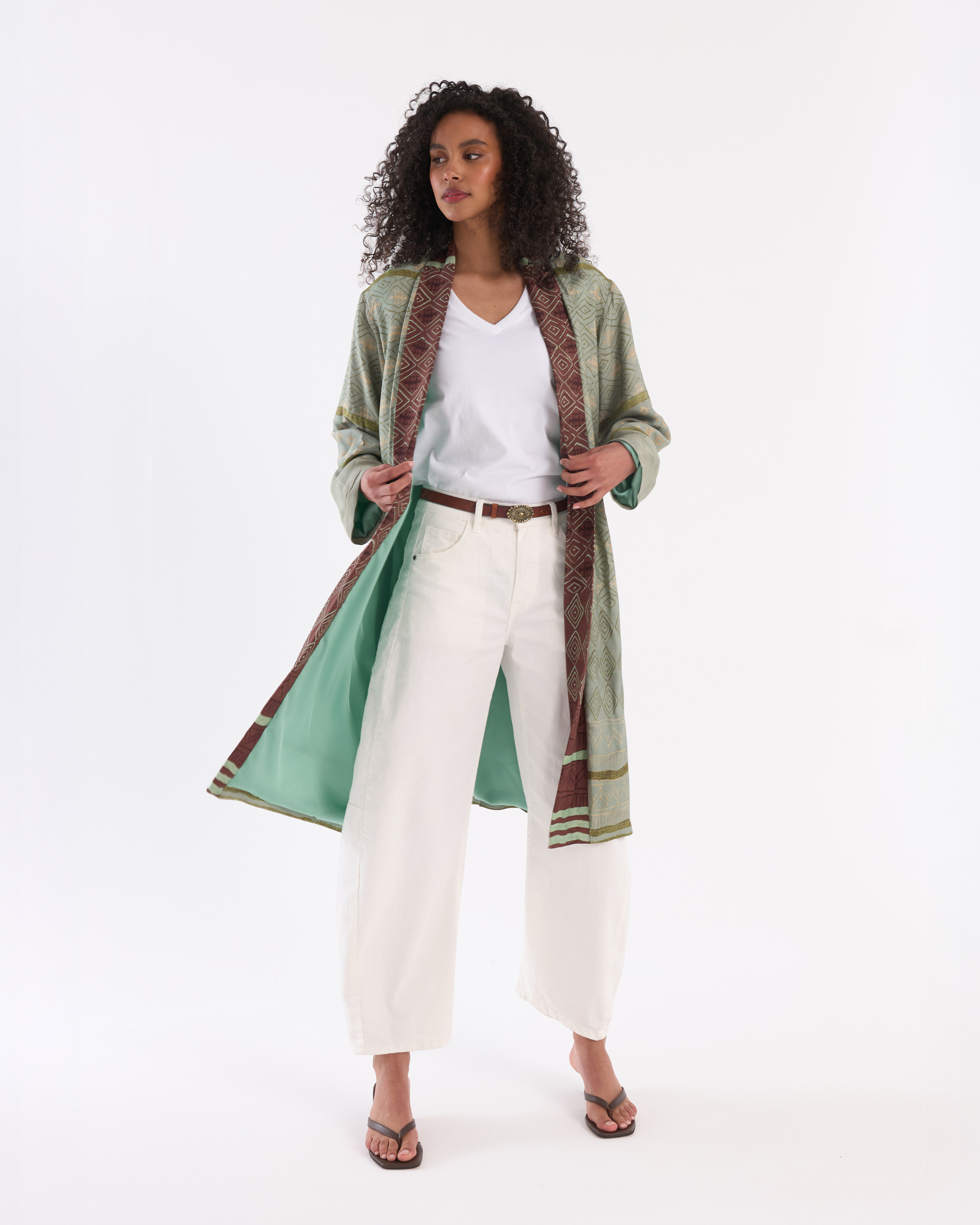 kimono, lange vest, groen, patroon, riem