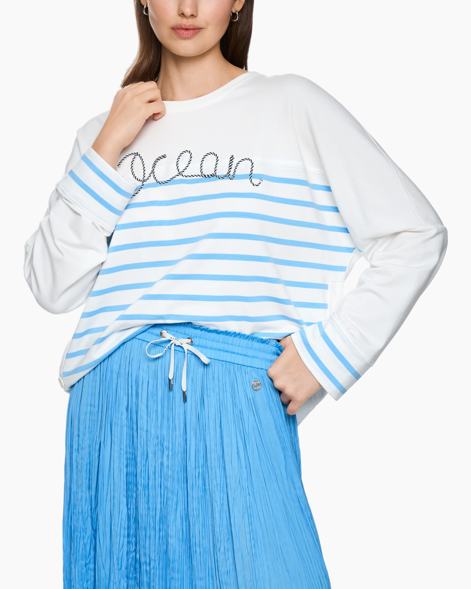 strepen, langemanchet, wit, blauw, trekkoord, plissé