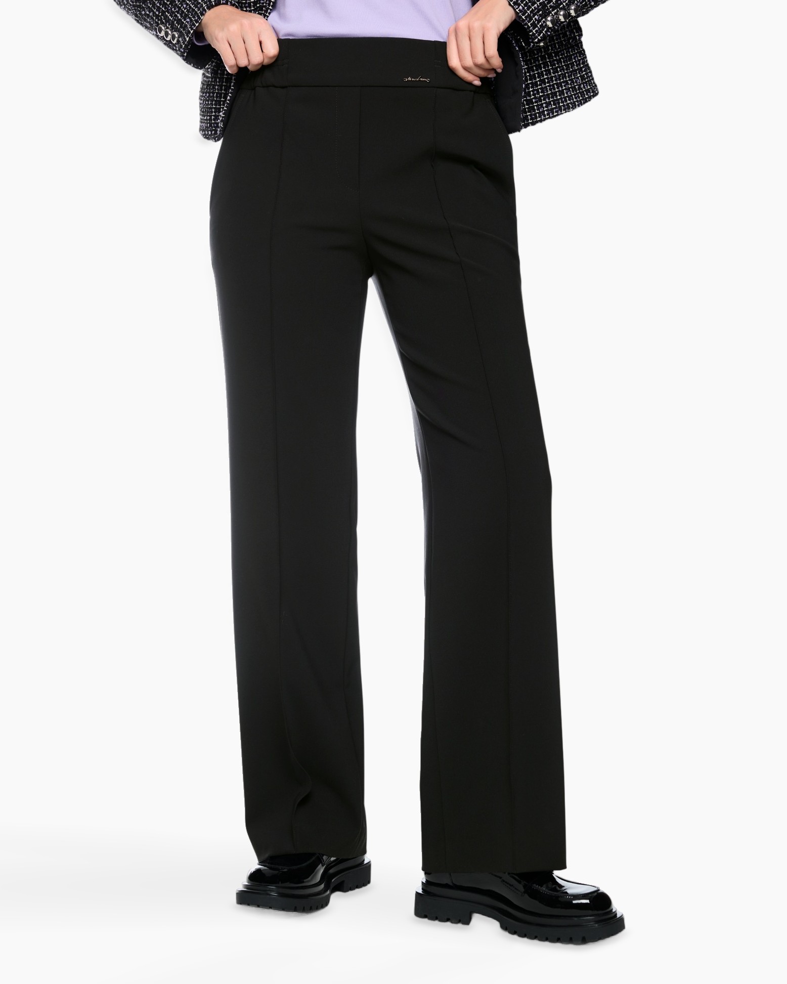 broeken, zwart, wijdte-spijker, elegante broek, pull-on tailleband