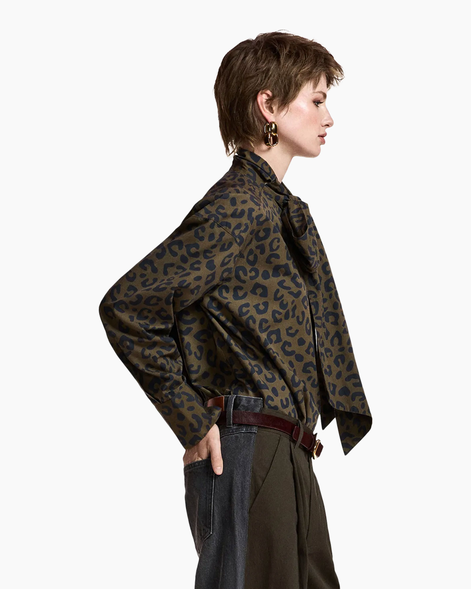 leeuwardige print, blouse, lange mouw, kraagsluiting, aardetint