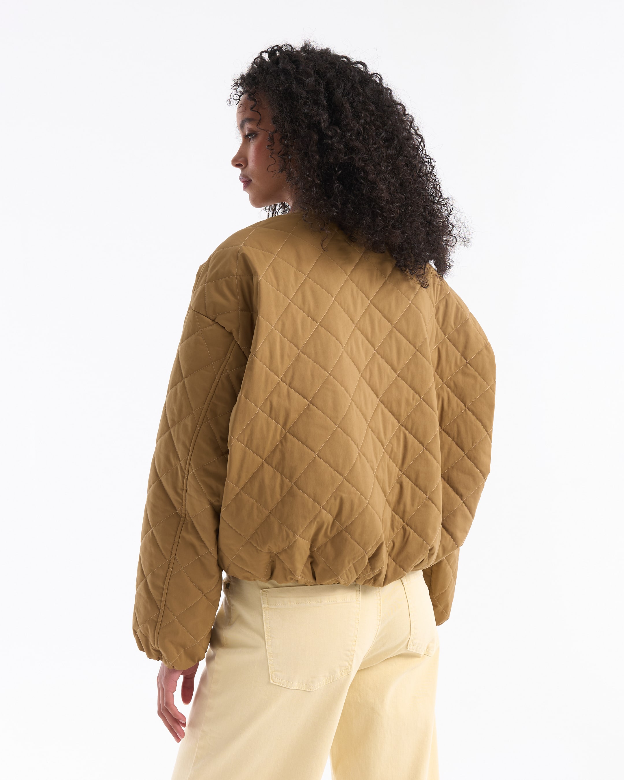 padded jacket, quilted pattern, brown, long-sleeve, cropped hem
