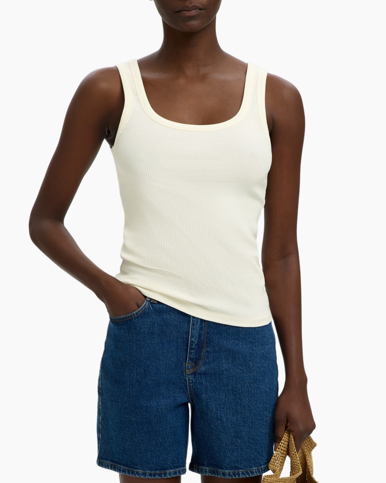 tank top, ribbed knit, crew neck, white, denim shorts