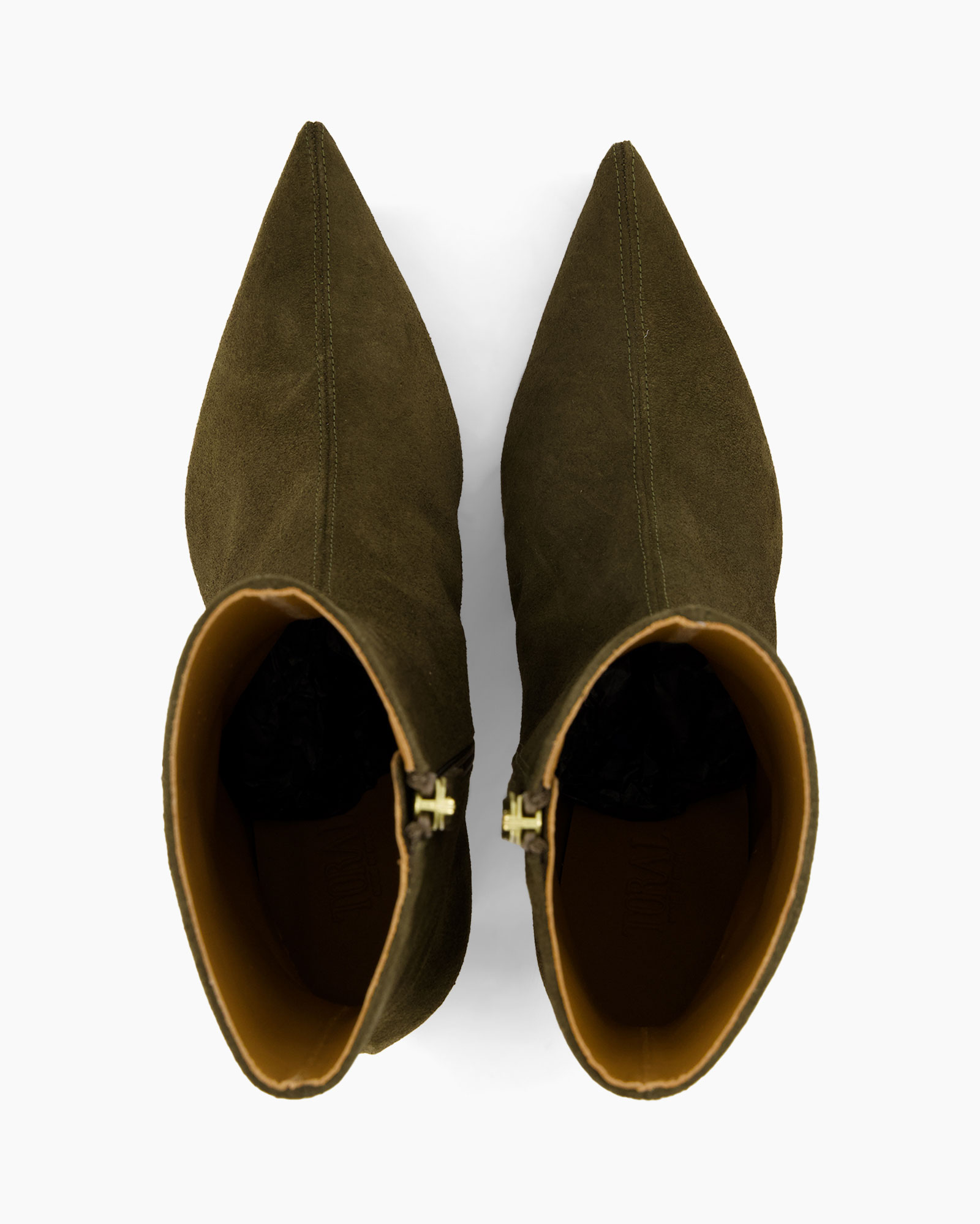 enkellaarzen, suede, olijfgroen, puntige neus, rits sluiting