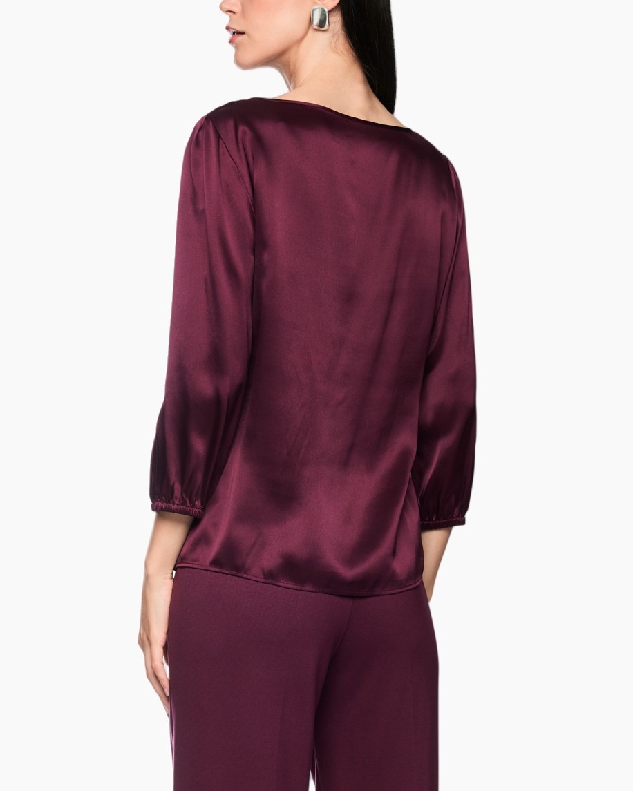 zijde, blouse, lange mouwen, effen, bordeaux