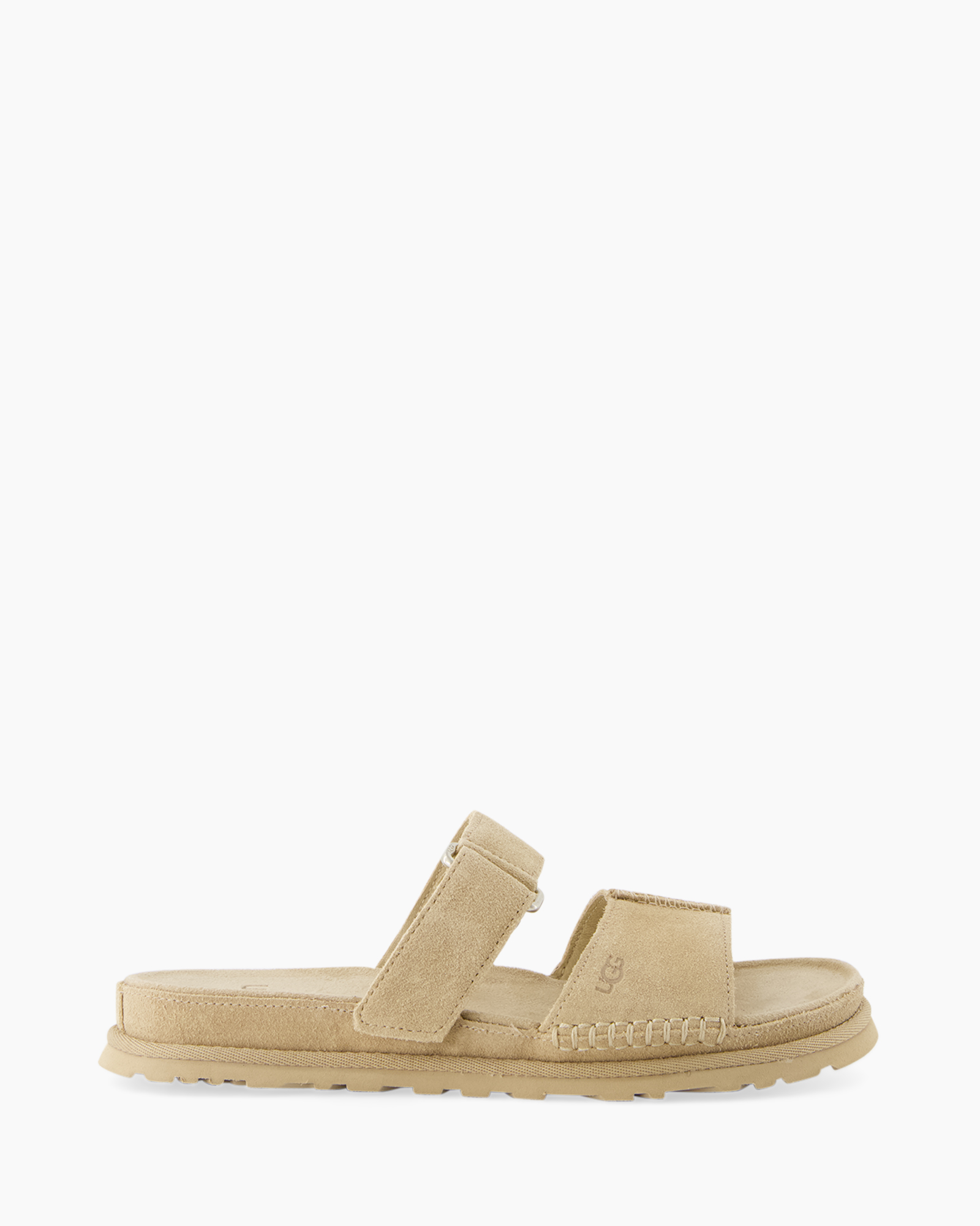 sandalen, tweestraps, beige, suede, platte zool