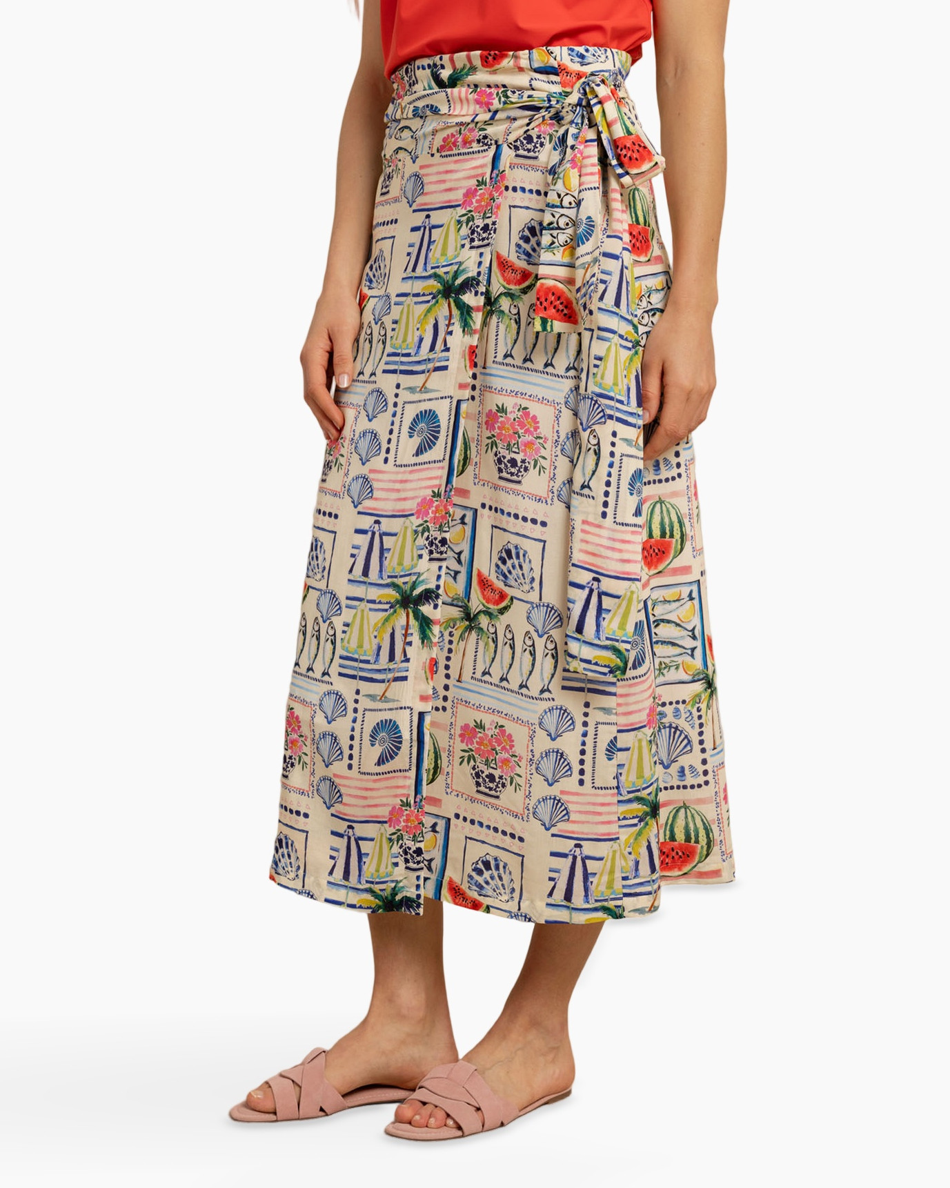 maxi skirt, tie waist, beach print, sandals, pastel pink