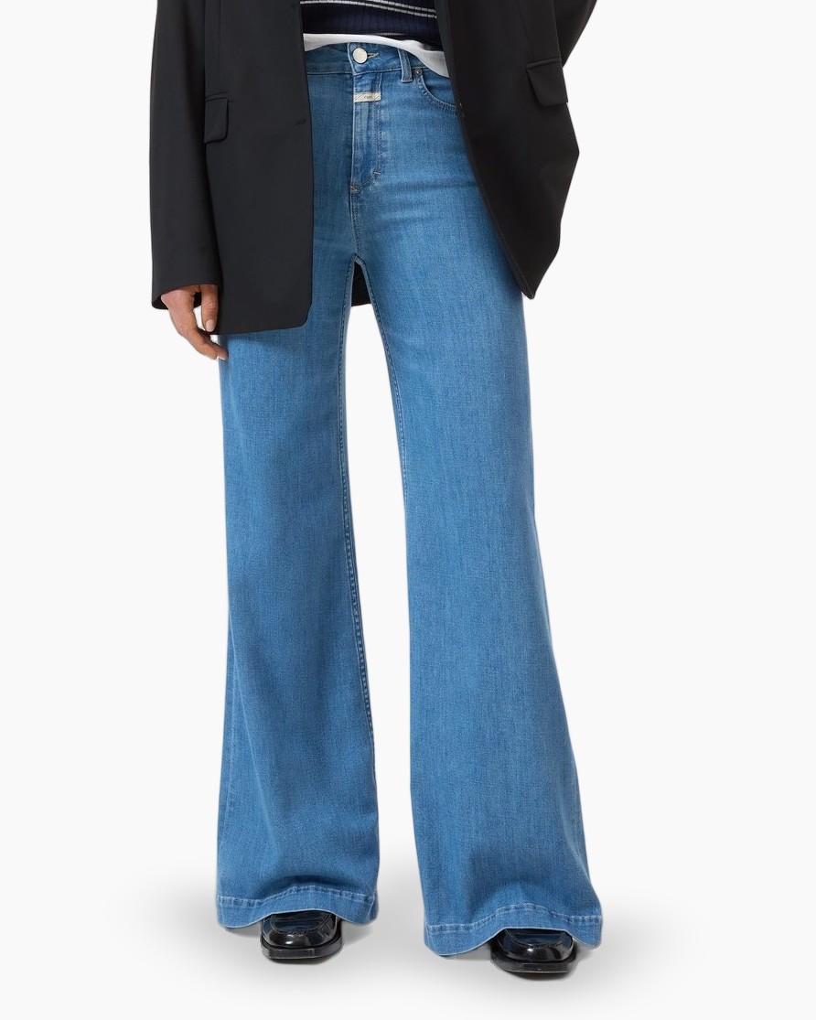 wijd breed?, spijkerbroek, blauw denim, flared broek, hoog model?