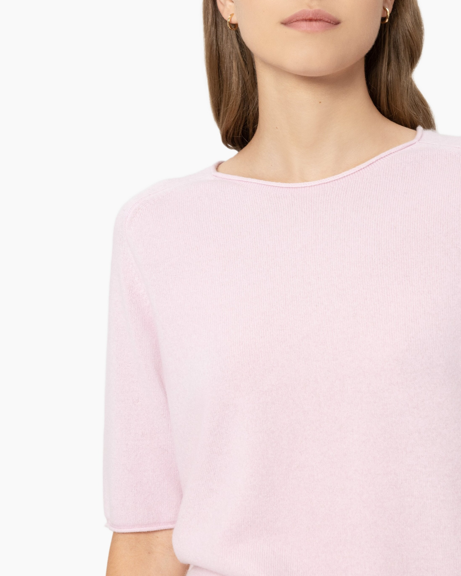 pink sweater, knit, short sleeve, crew-neck, women's top