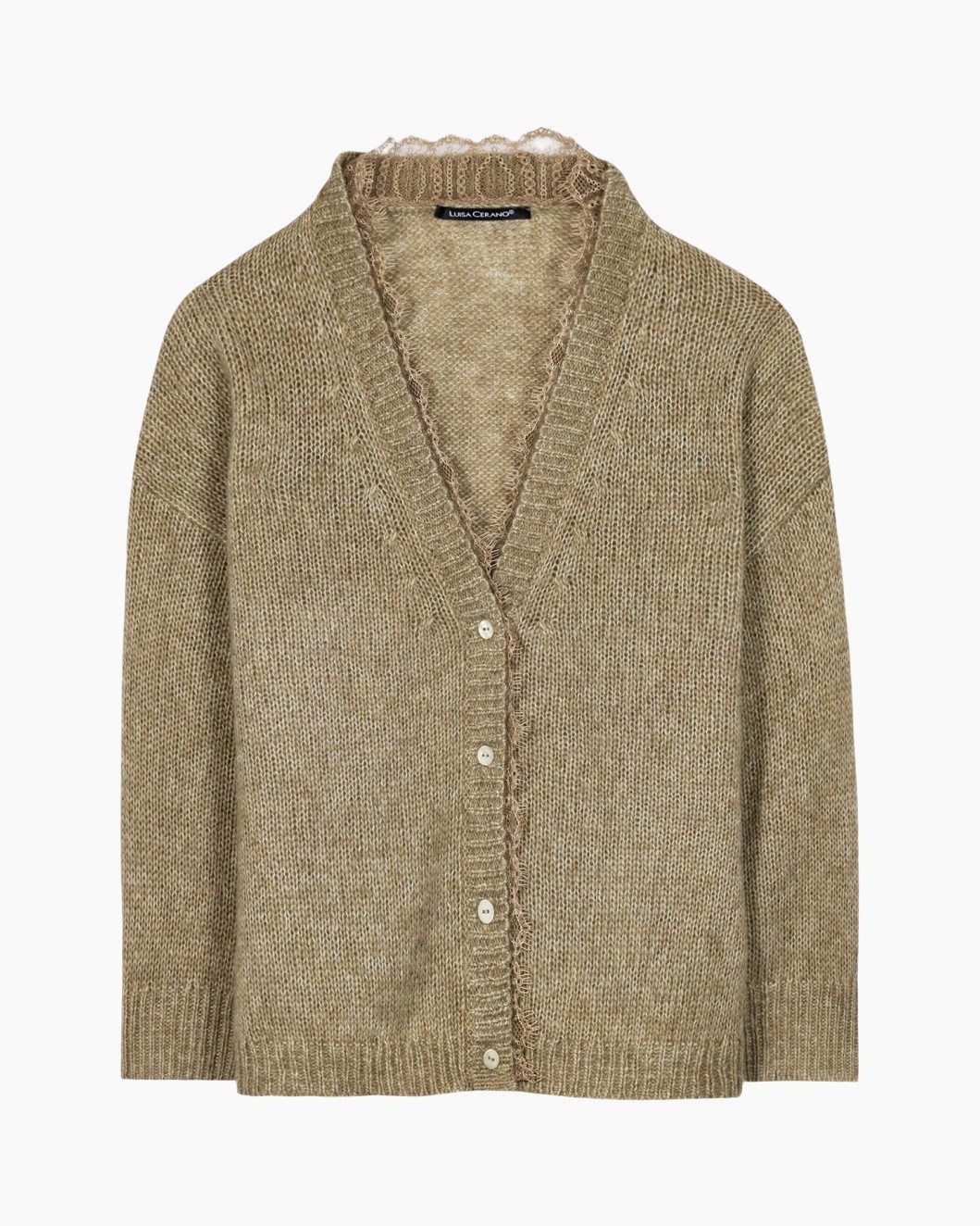 cardigan, gebreid, beige, knopen, v-hals