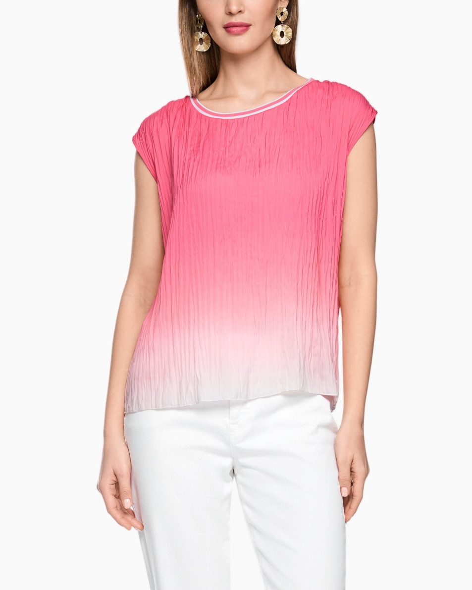roze top, gradient roze, Plissé textuur, korte mouw, ronde hals