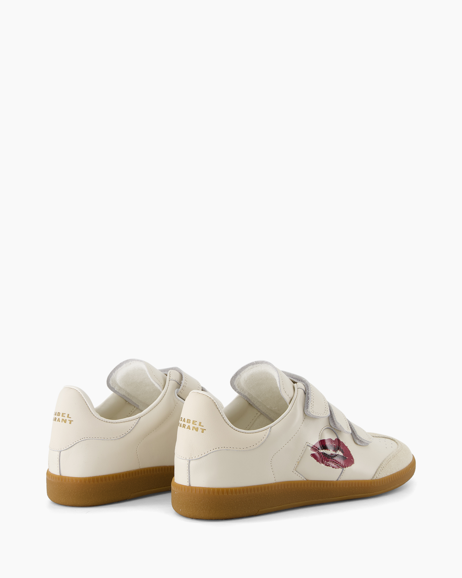 white sneakers, velcro closure, gum sole, lip print, low-cut