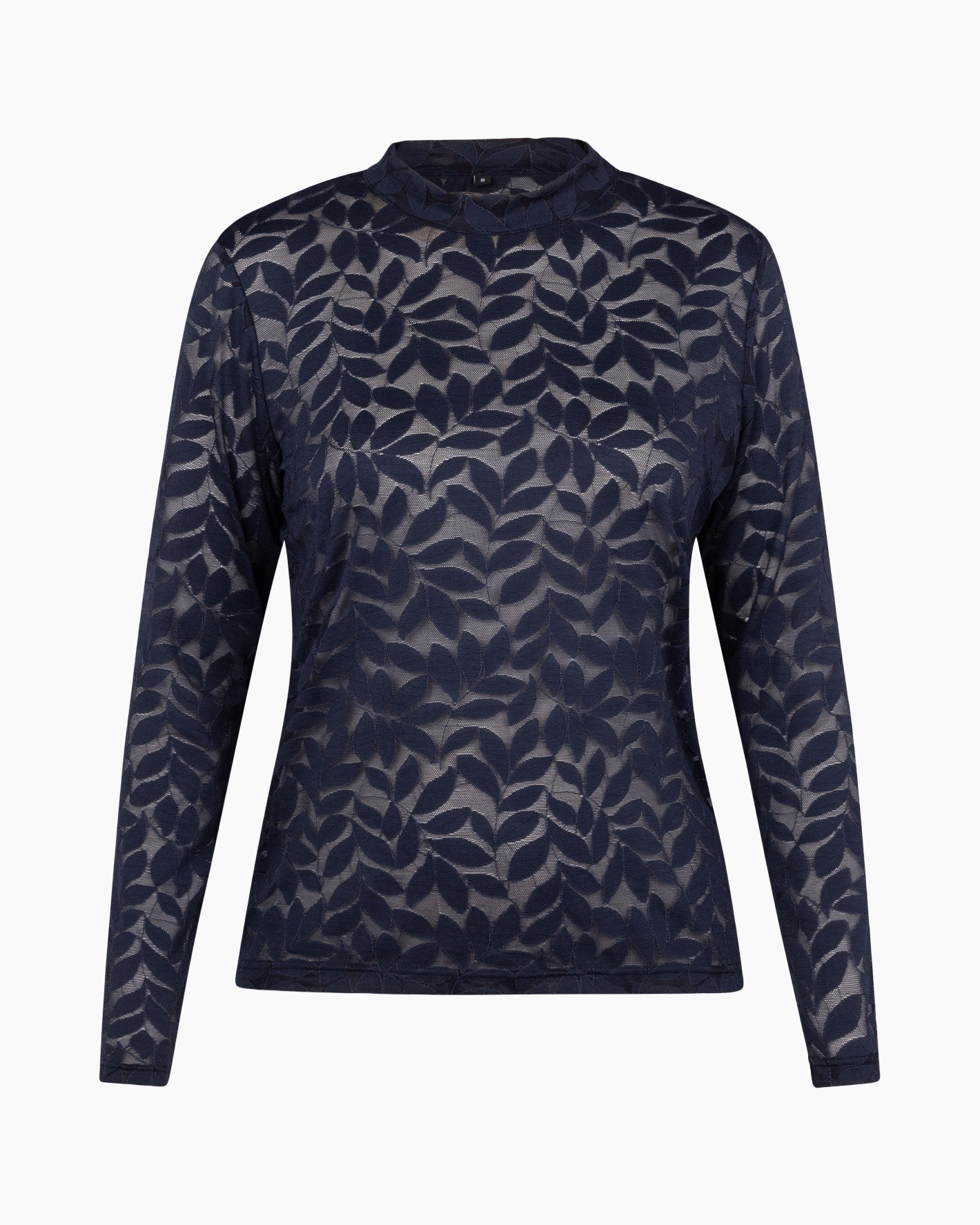 kanttop met langere mouwen, voeringloze top, navy top, see-through lace, hoge hals