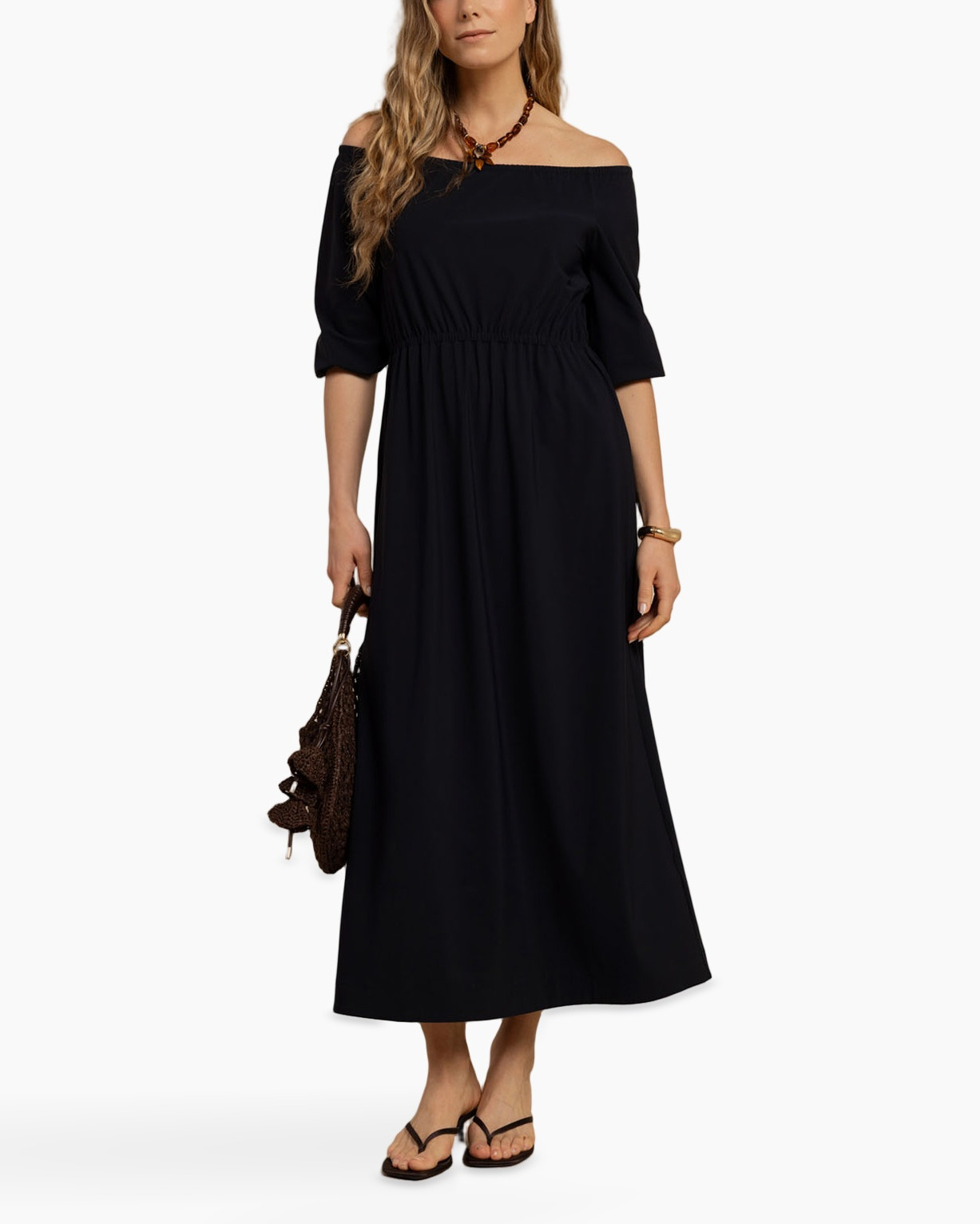 maxi dress, off-shoulder, black, long sleeve, waist cinched