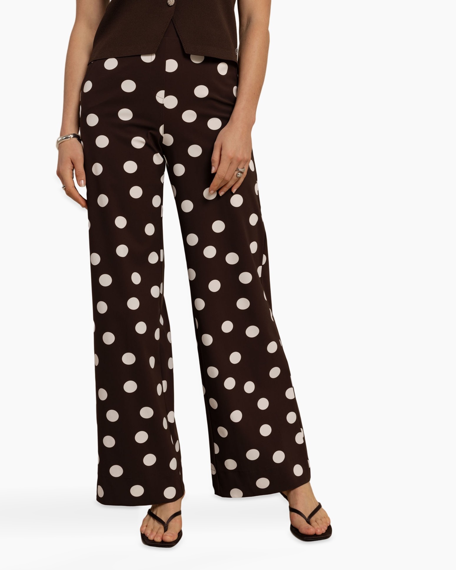 broek met polka dot, wijd uitlopende broek, bruin, broek, polyester mix