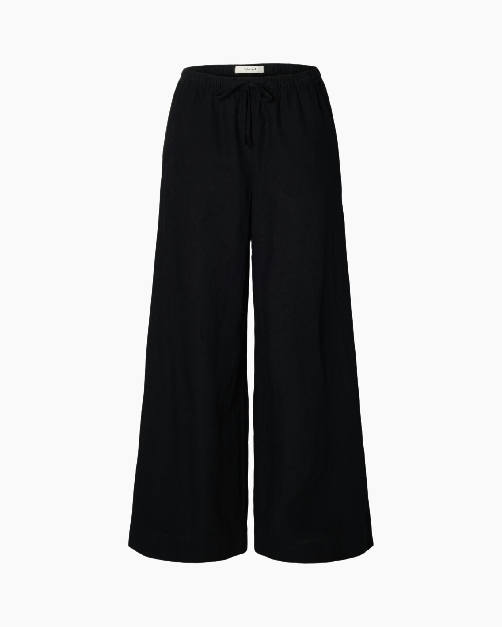 broek, broekspant, wijdere leg, zwart, touwsluiting