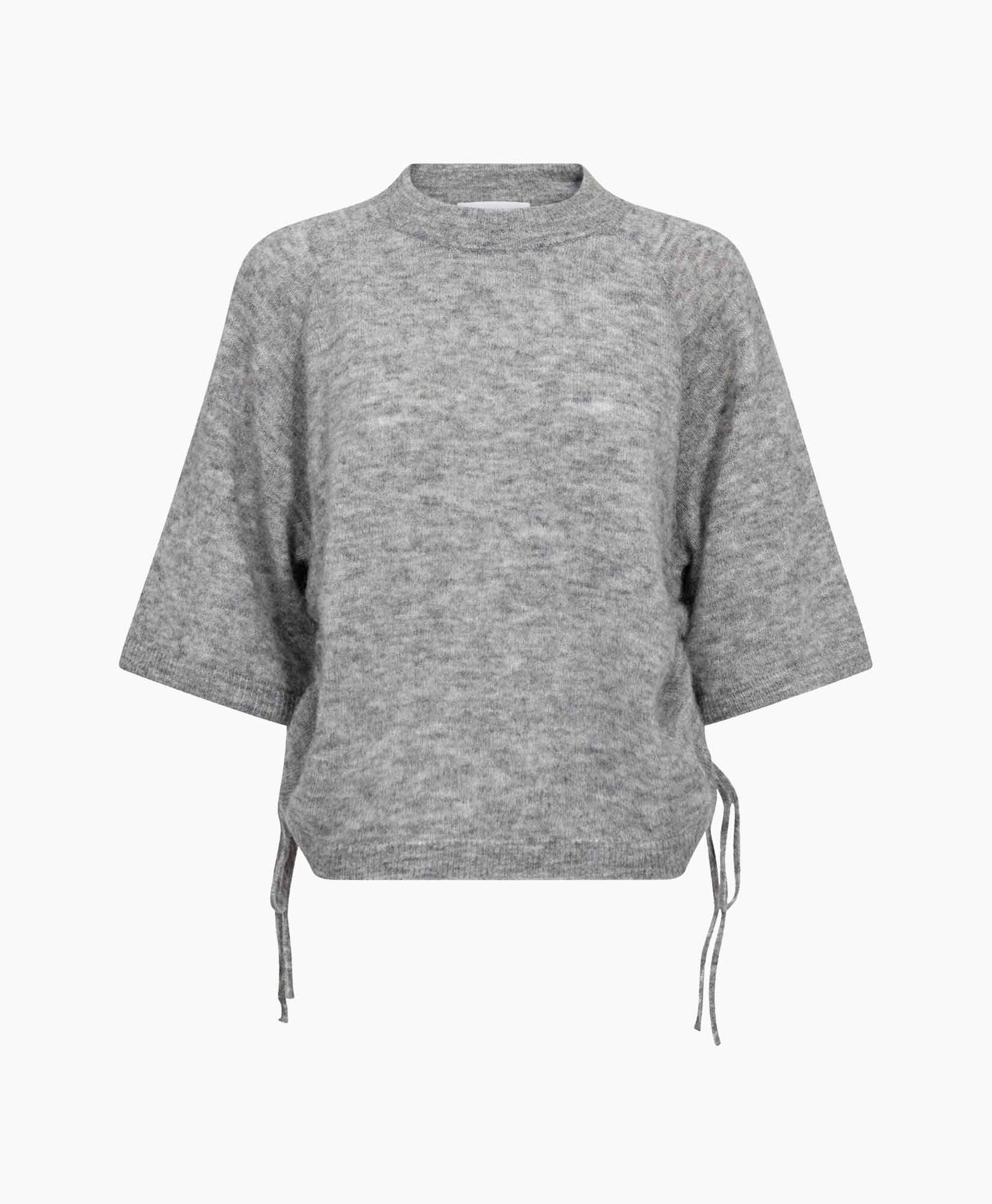 top, sweater, trui, grijs, trekkoord