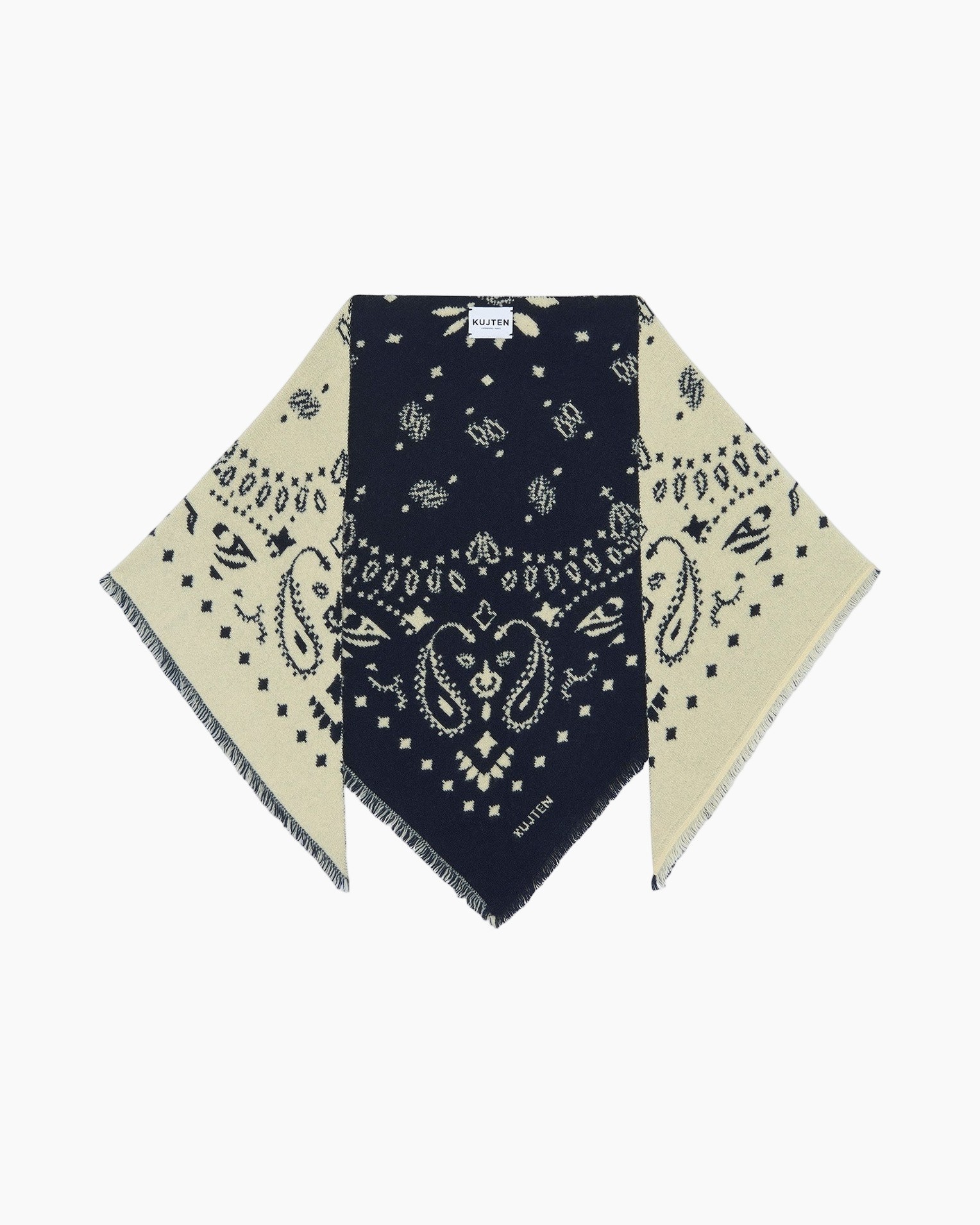 bandanasjaal, gebreide stof, marineblauw en crème, paisleypatroon, gerafelde randen