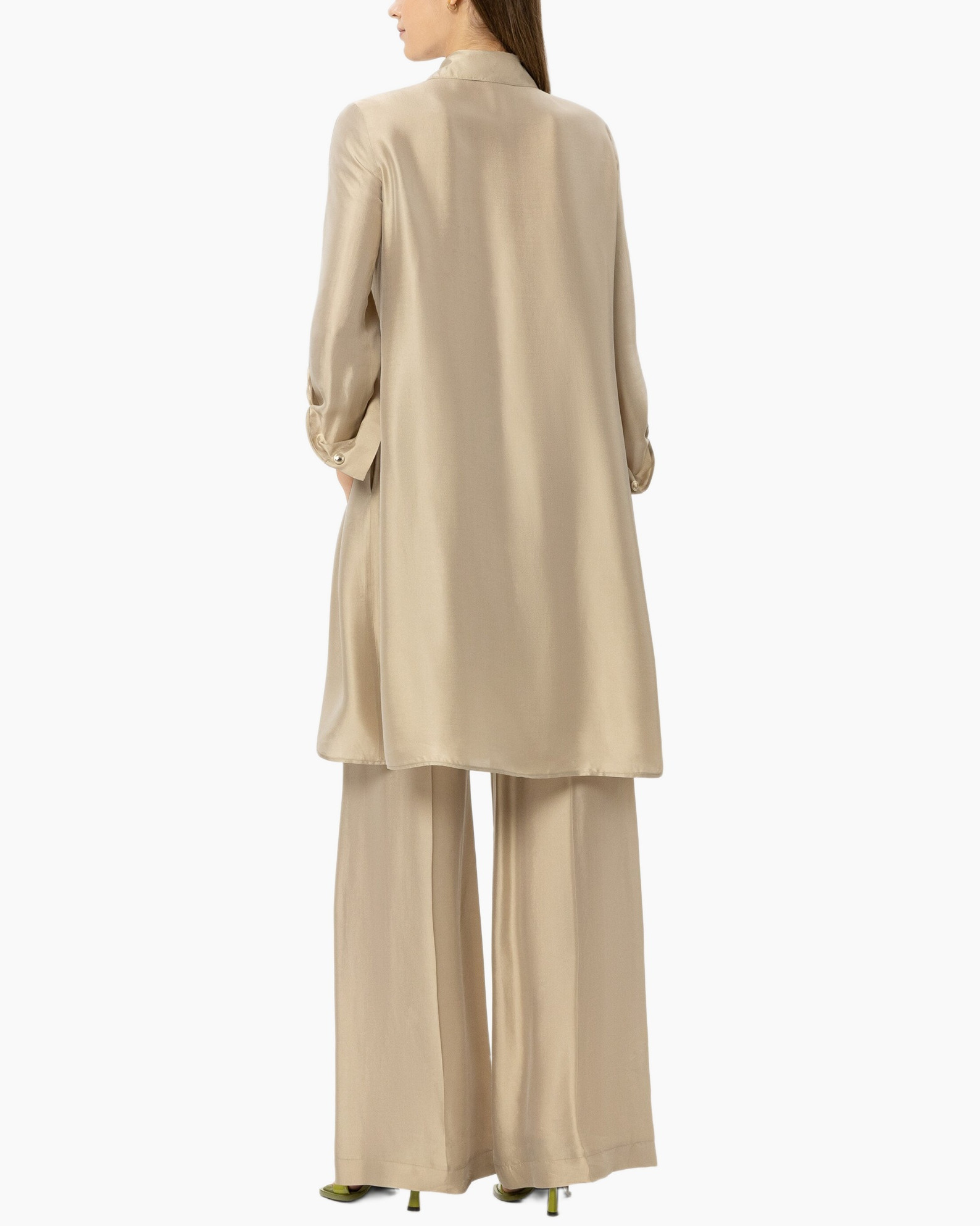 beige,  overhemdjurk, lange-mouwen, zakken, wijd-uitlopend-pantalon