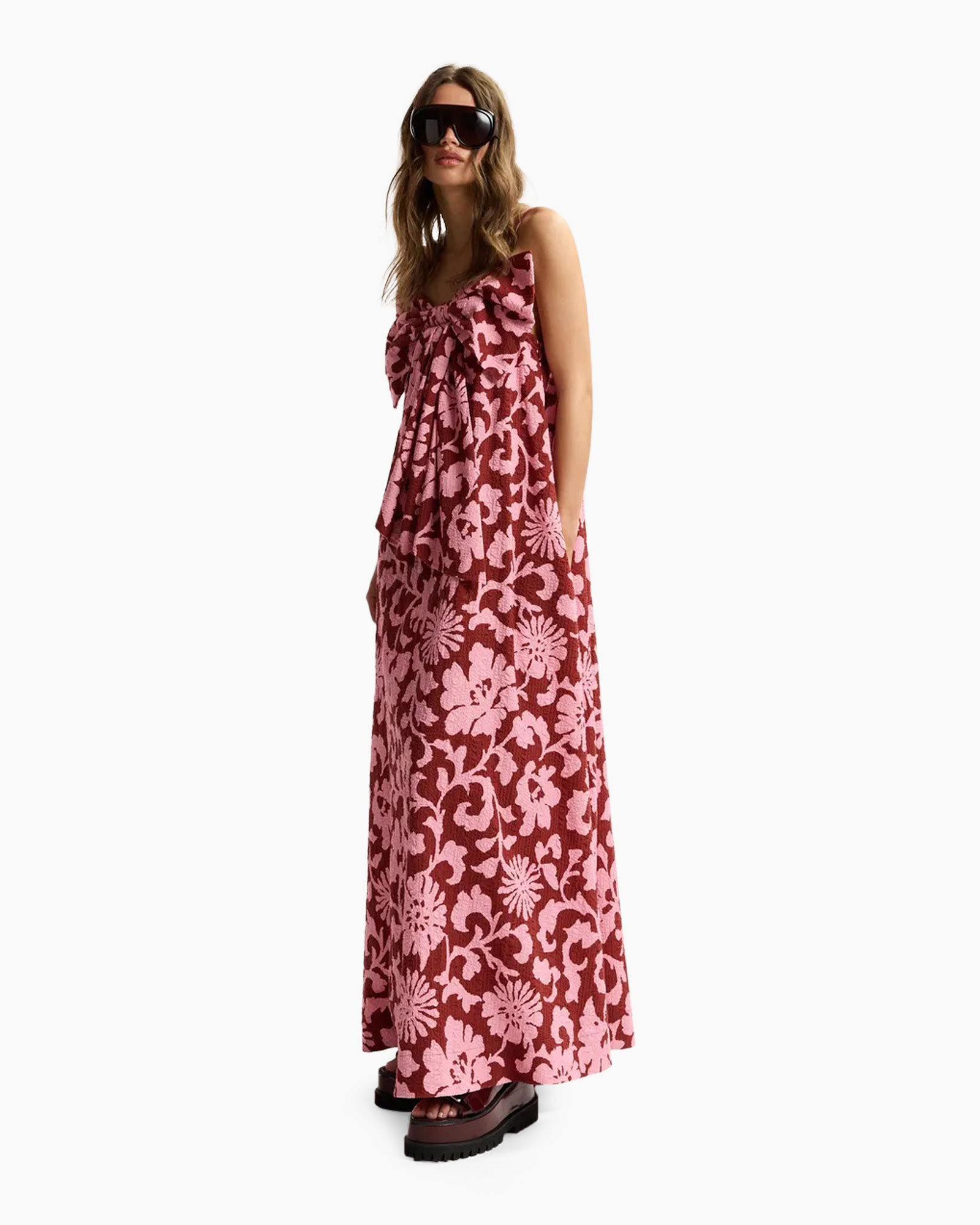 maxidress, floralen patroon, zomerjurk, roze maroon, strikriem
