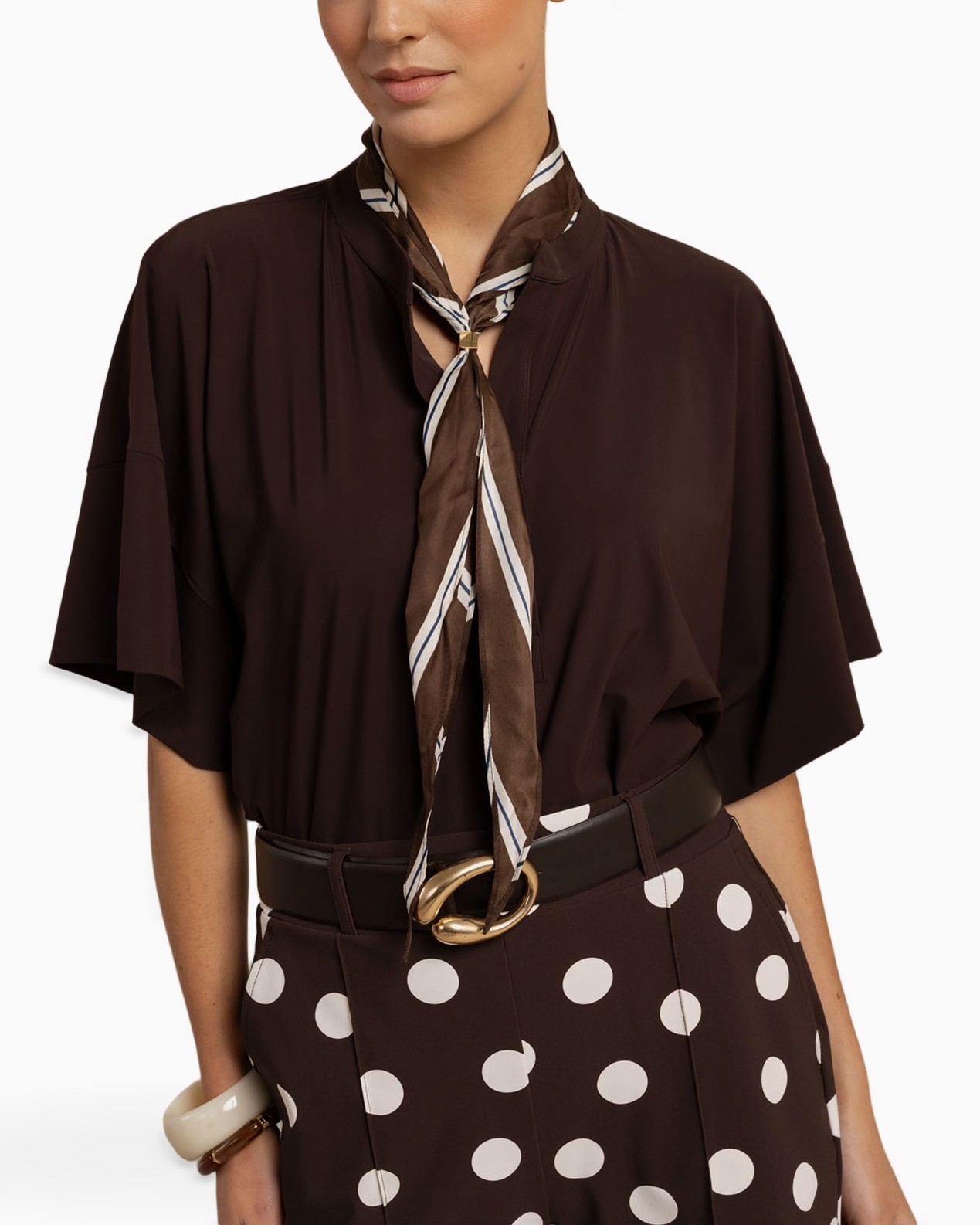 blouse, sjaal, riem, polkadot-rok, bruin