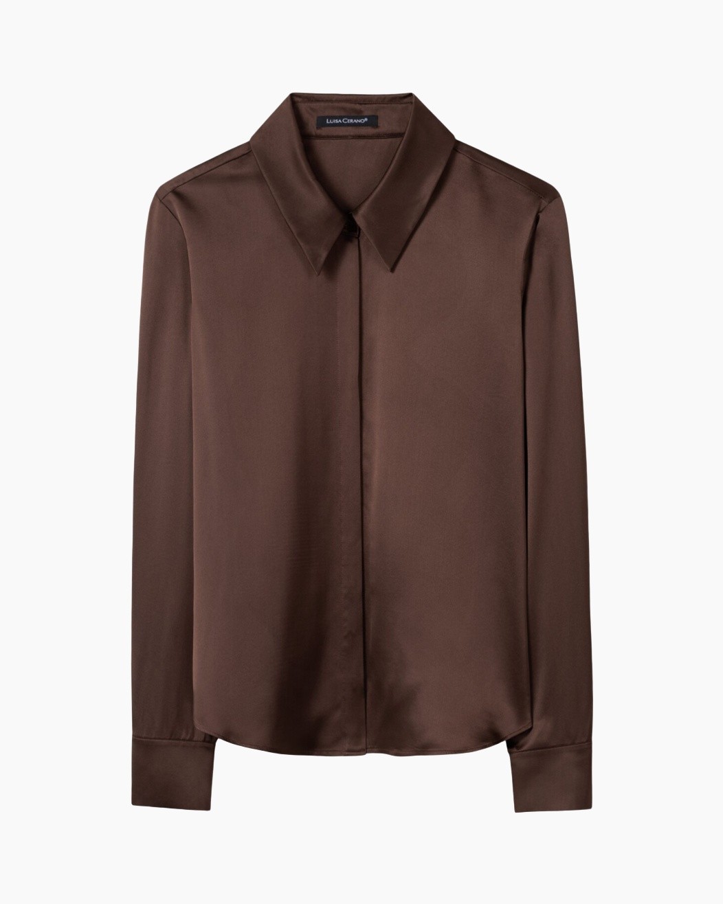 blouse, zijden, bruin, kraag, lange mouwen