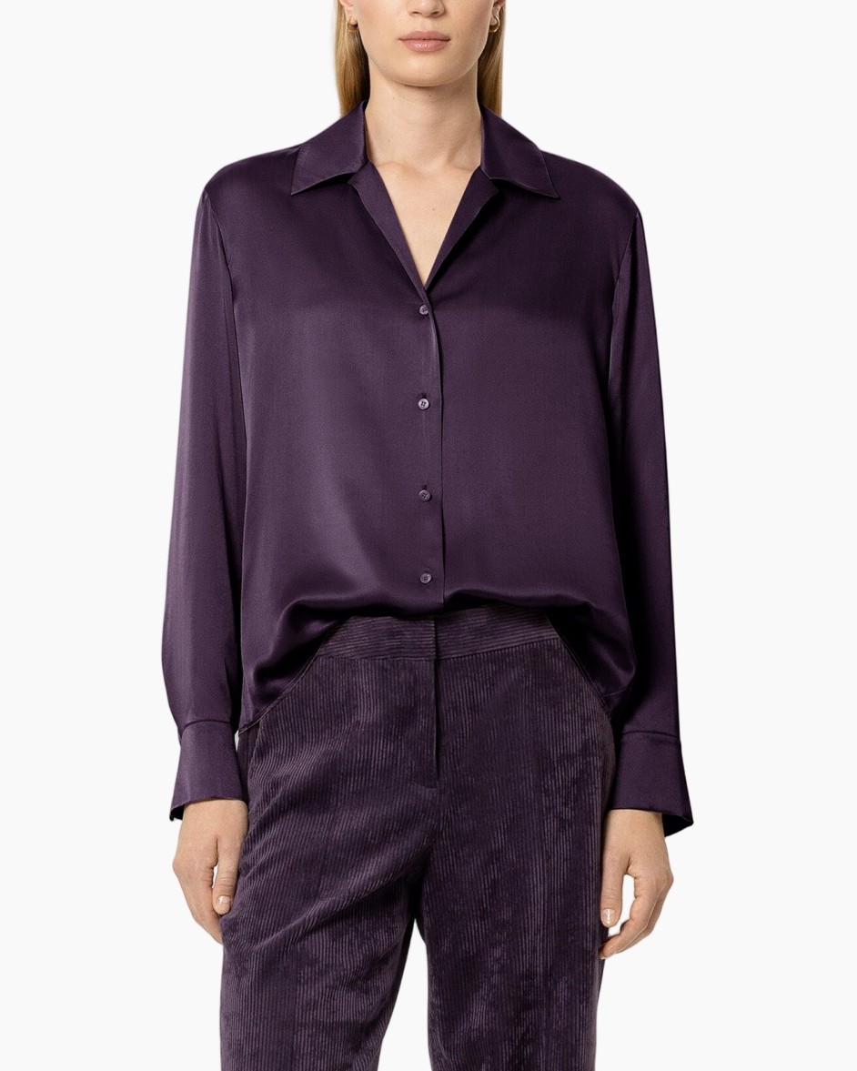 zijden blouse, paarse blouse, knopen shirt, lange mouwen, gestructureerde satijn