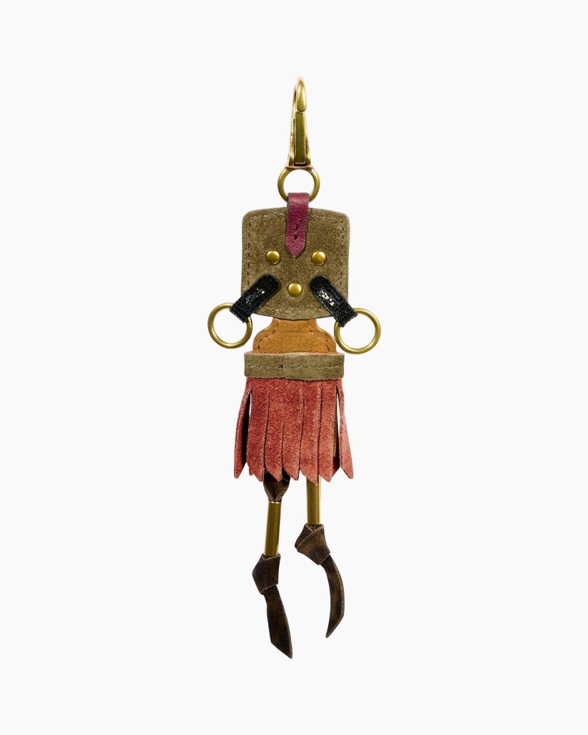sleutelhanger, kleine figuur, leer, franje, rood-bruin