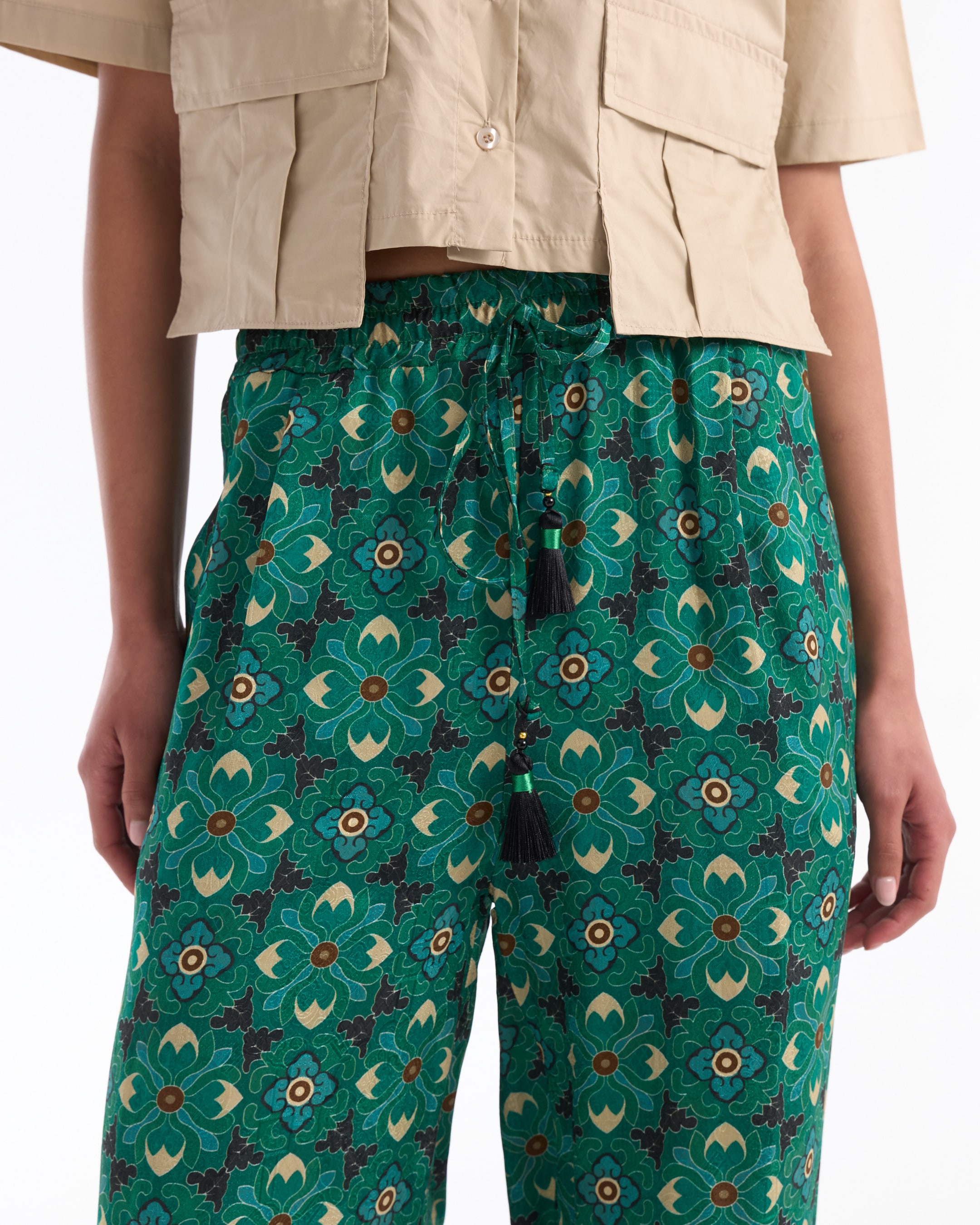 pants, pattern, green, drawstring, tassel