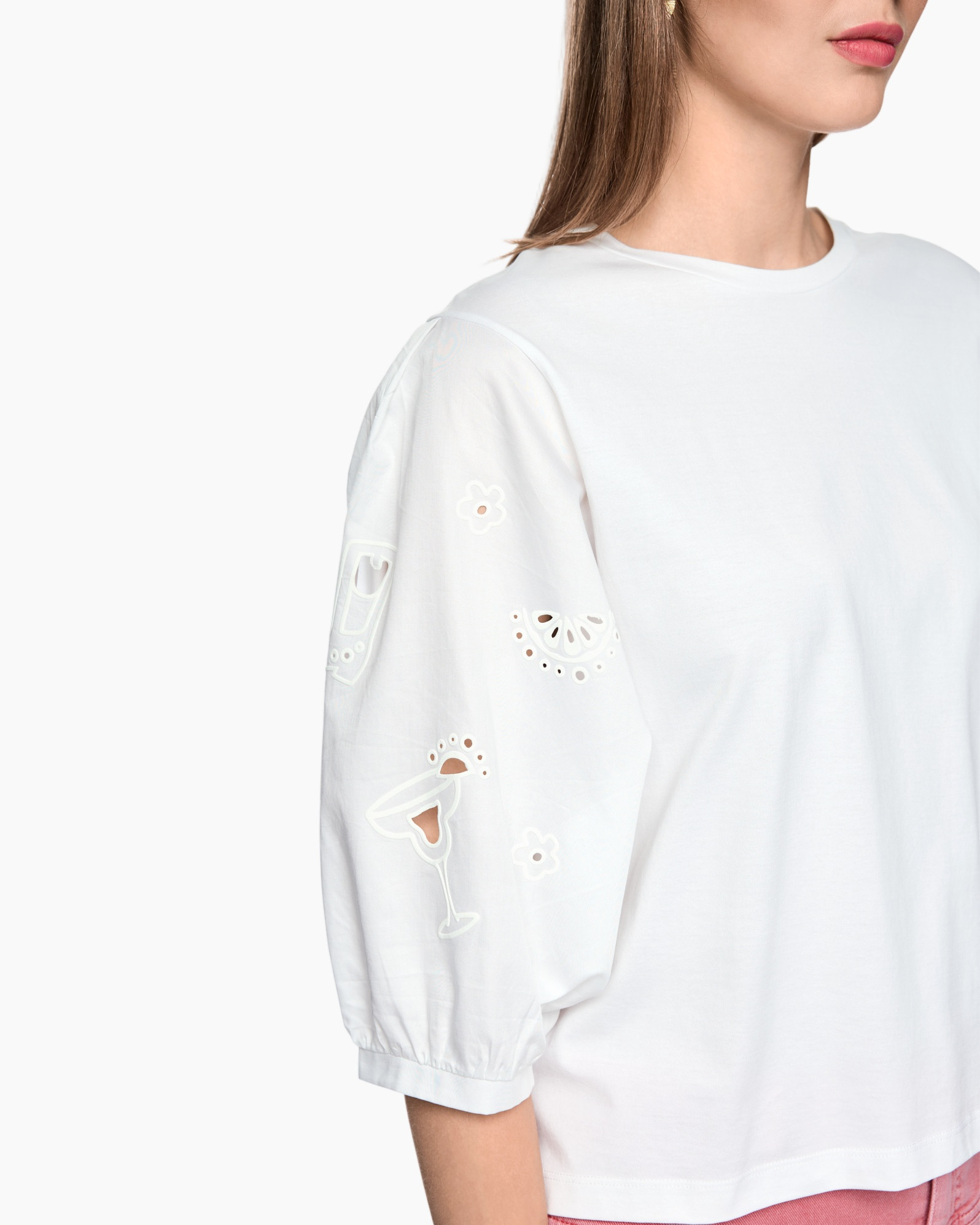 witte blouse, borduursel, eyelet/gaas, driekwart mouw, losvallend model