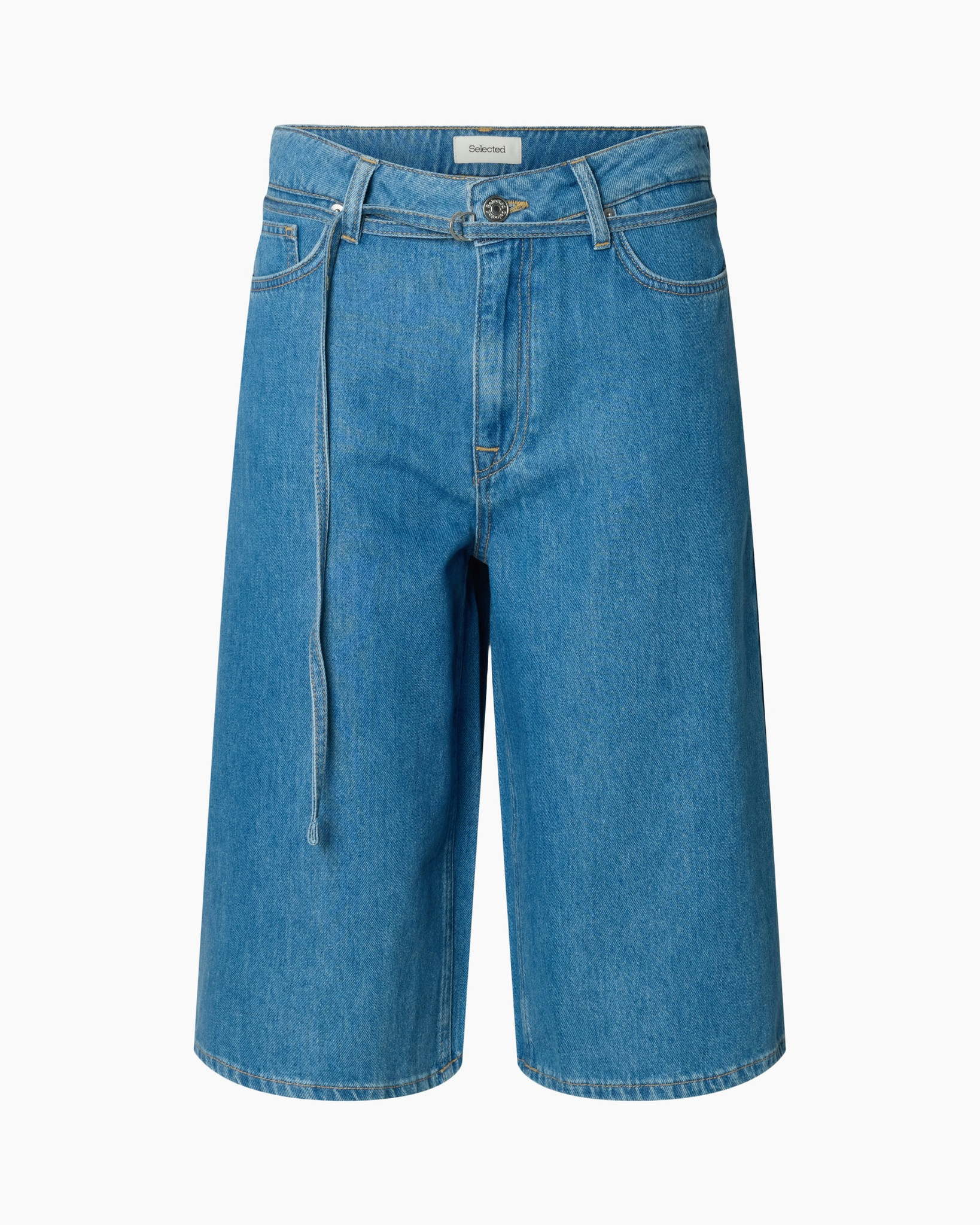 denim, jeans, shorts, knee-length, belted