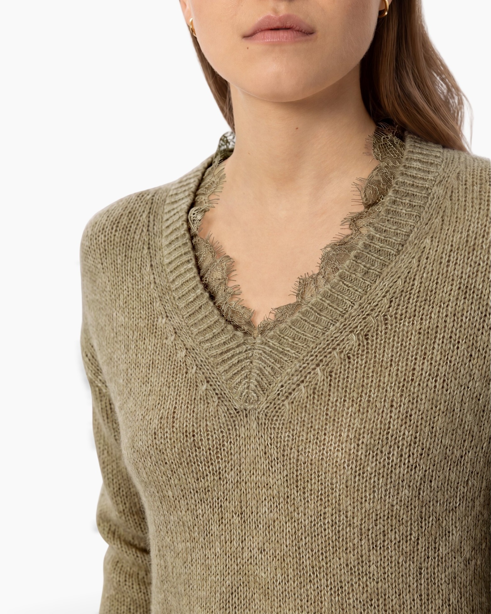 gebreide trui, V-hals, kantafwerking, beige, lange mouwen