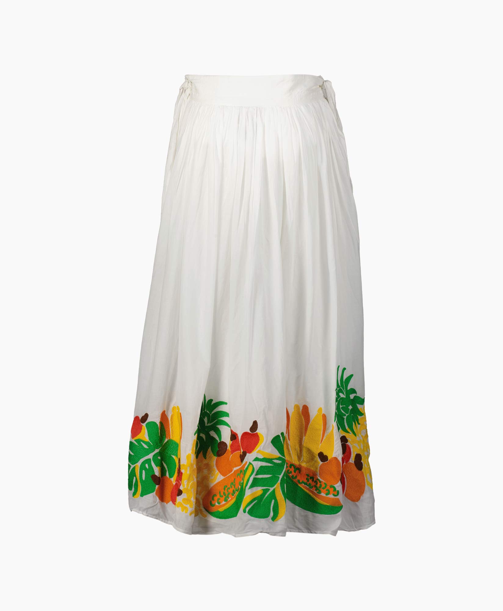 Midi Rok Embroidered Fruits Side Bow Off White