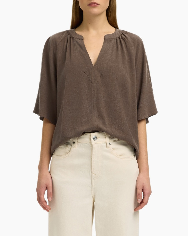 top, blouse, brown, linen, loose fit