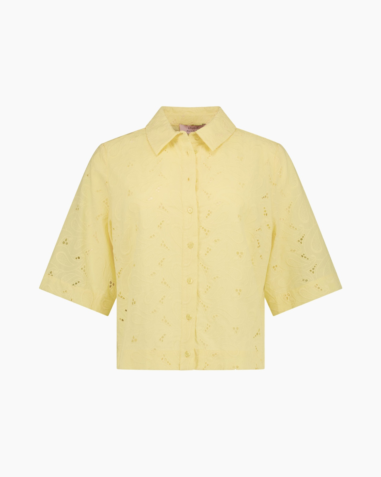 korte mouwen, knopen, button-down, kant, geel, kraagshirt