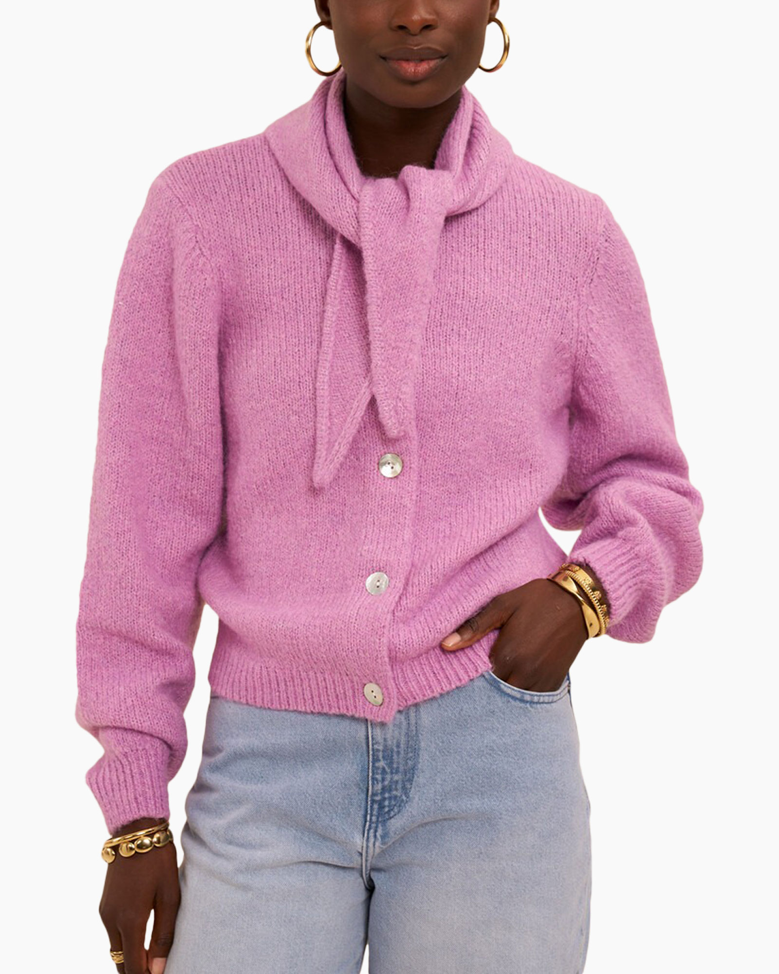 cardigan, gebreide, roze, knopen, sjaal