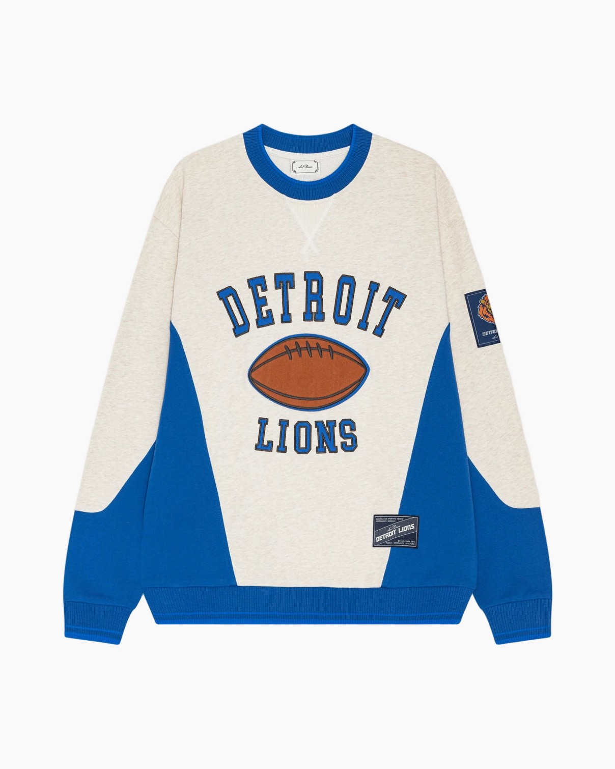 sweatshirt, ronde hals, kleurvlakken, blauw en crème, footballprint