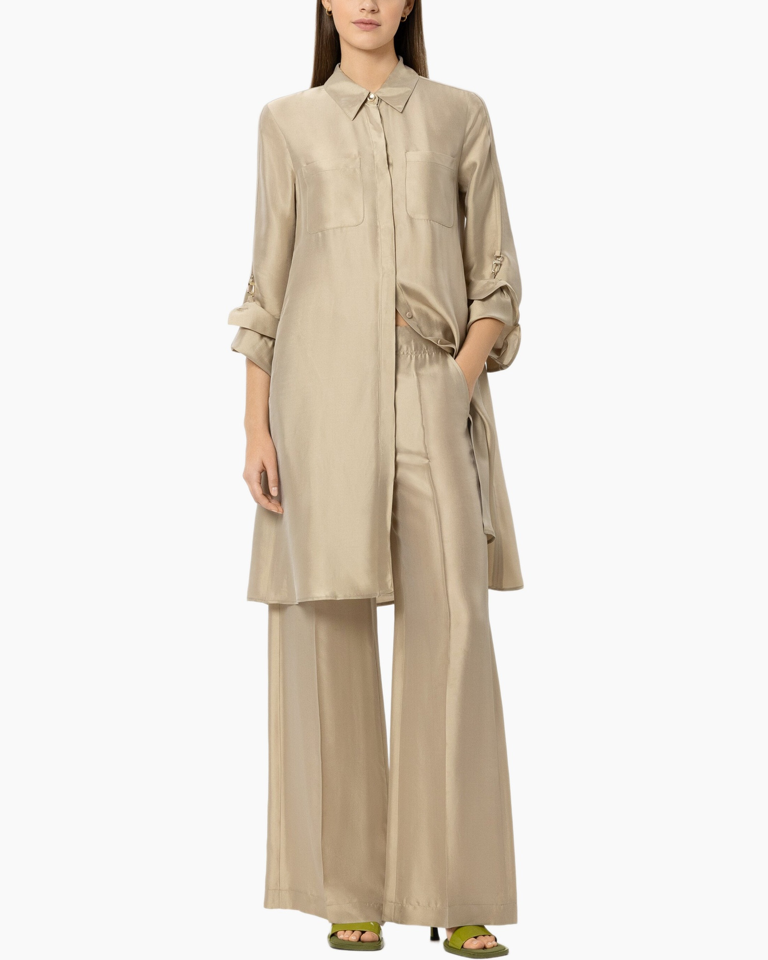 beige,  overhemdjurk, lange-mouwen, zakken, wijd-uitlopend-pantalon
