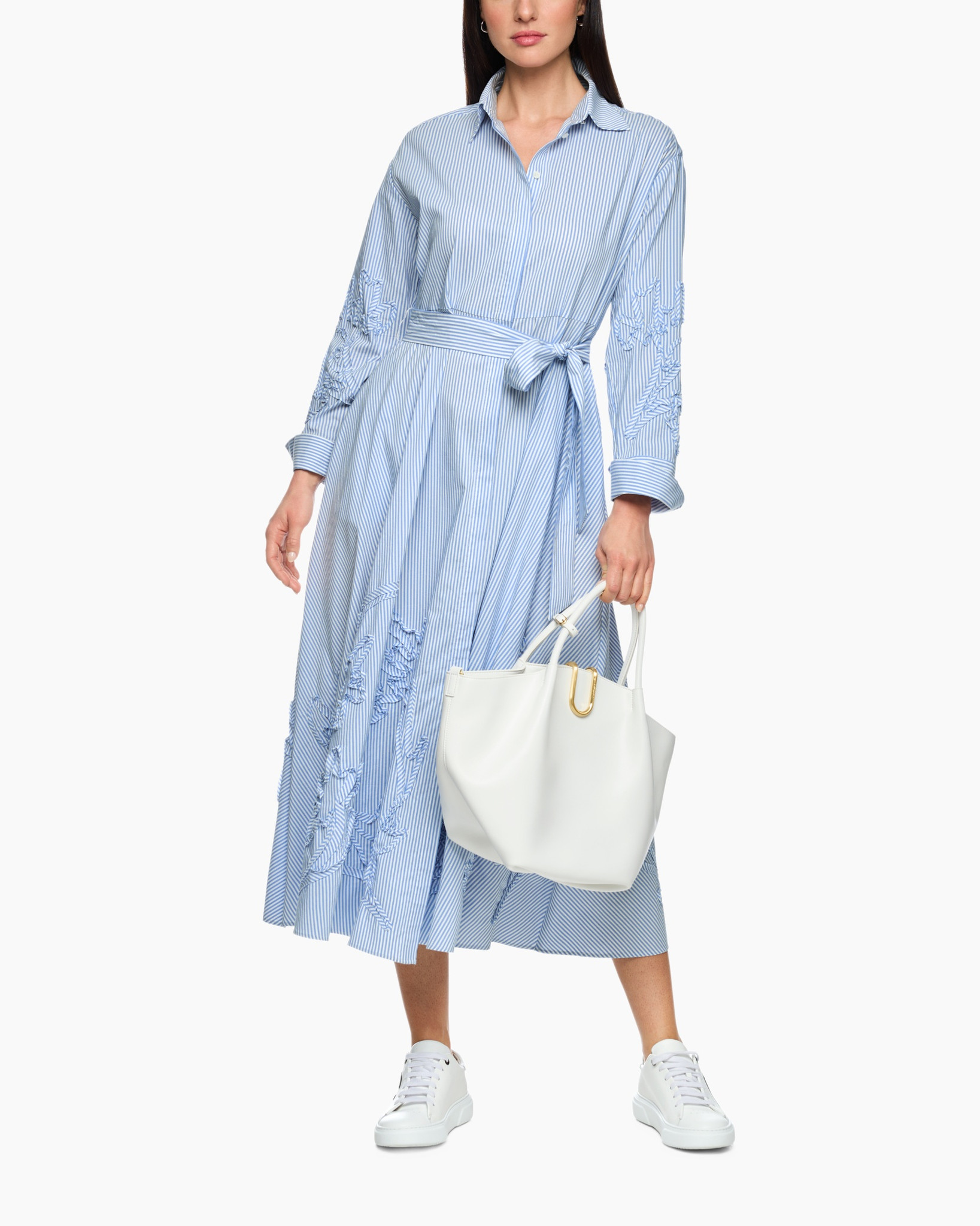 dress, shirt dress, blue striped, wrap belt, white handbag