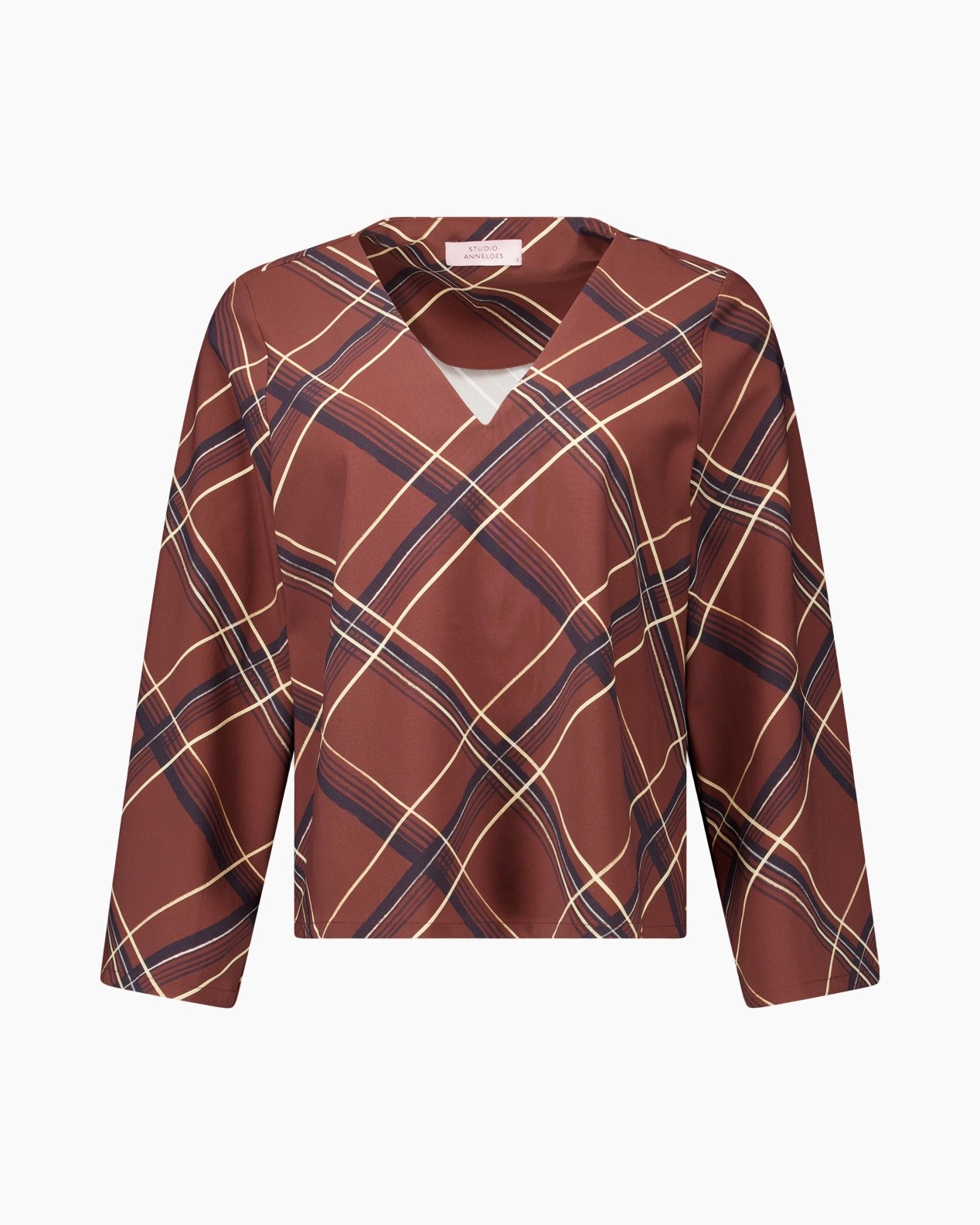blouse, ruitjes, lange mouwen, v-hals, bruin