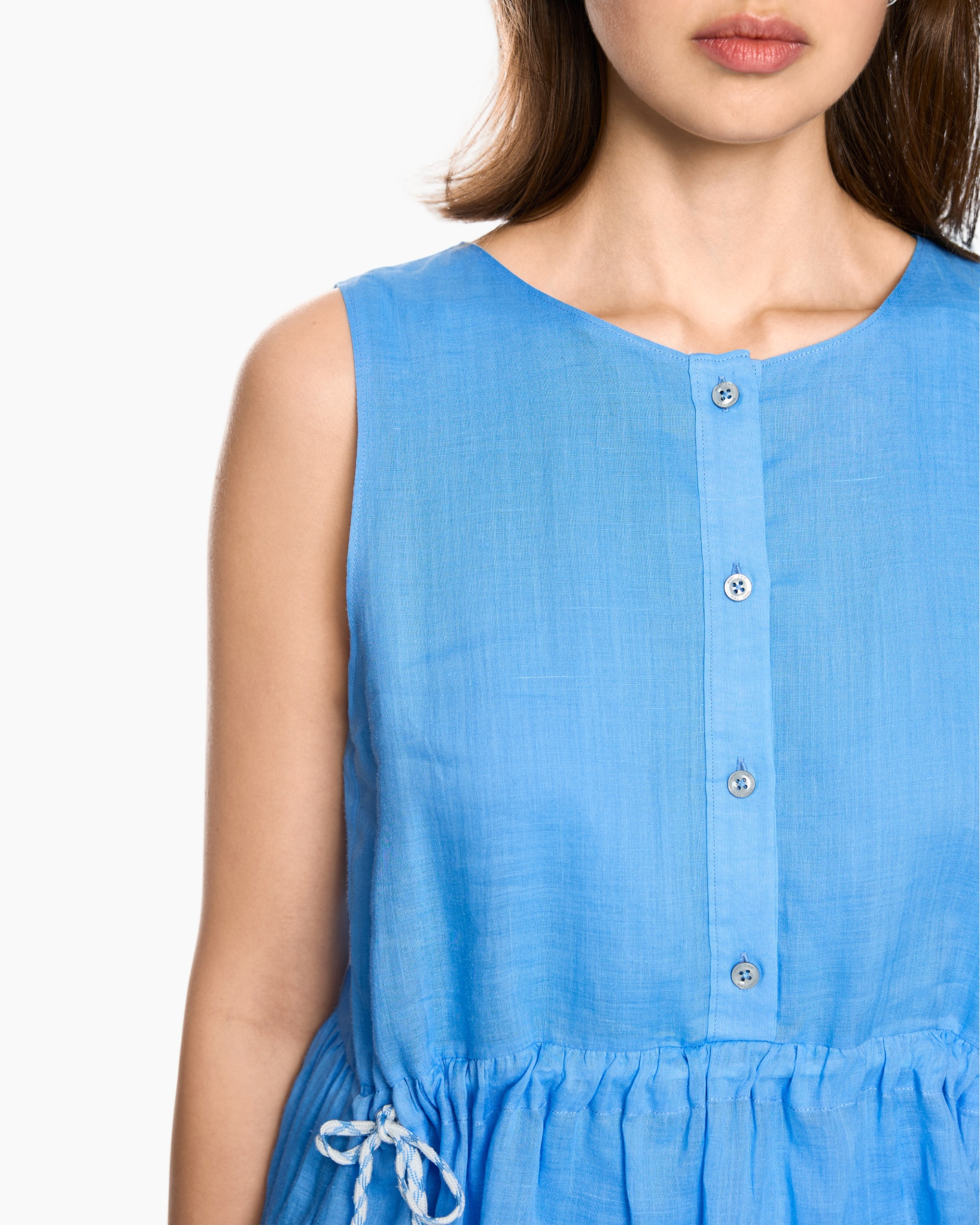 mouwloos, blauw, linnen, knopen, touwsluiting