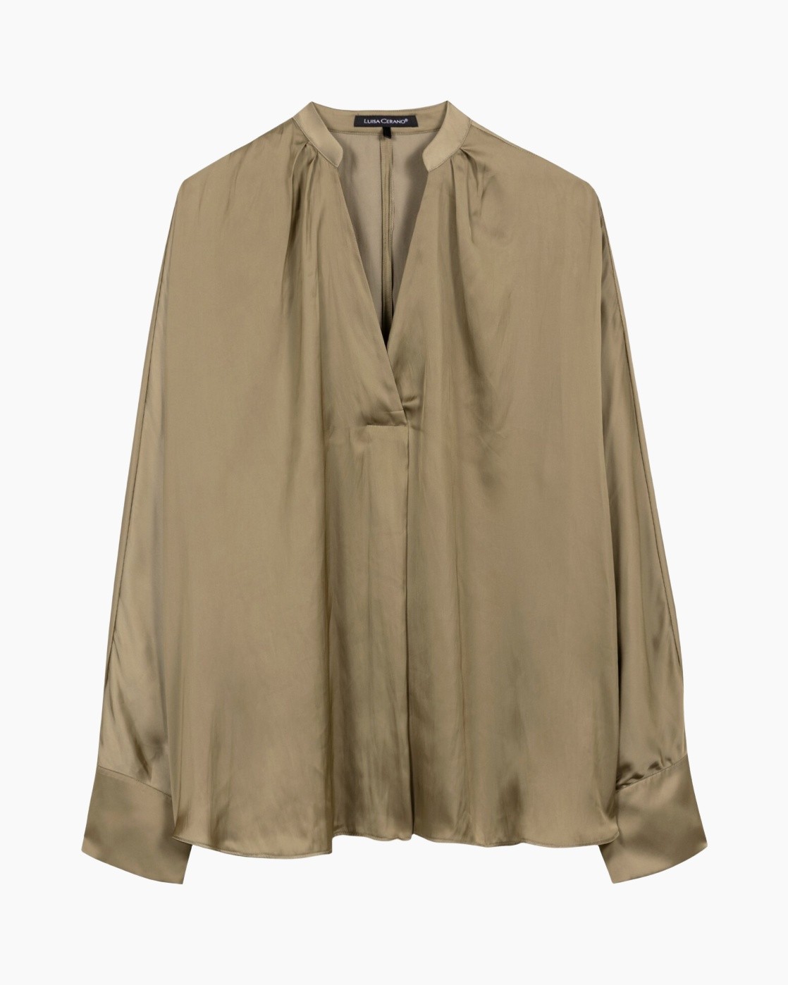 zijde, blouse, beige, lange mouwen, v-hals