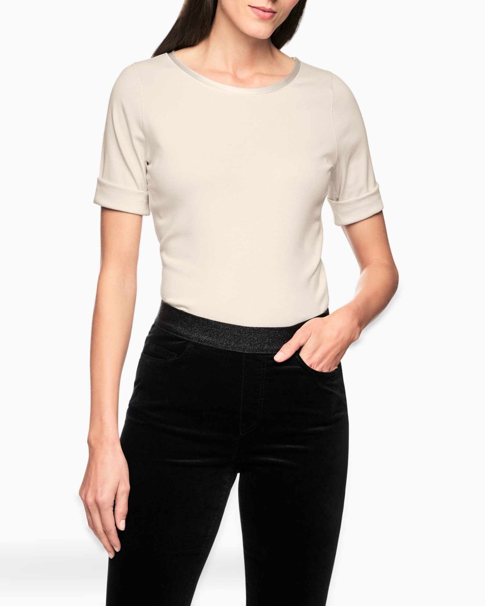 top, t-shirt, beige, short-sleeve, rolled-cuff