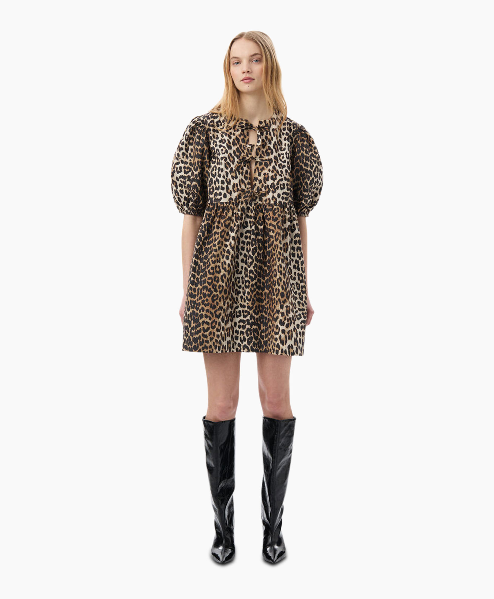 Mini Jurk Printed Cotton Tie String Bruin