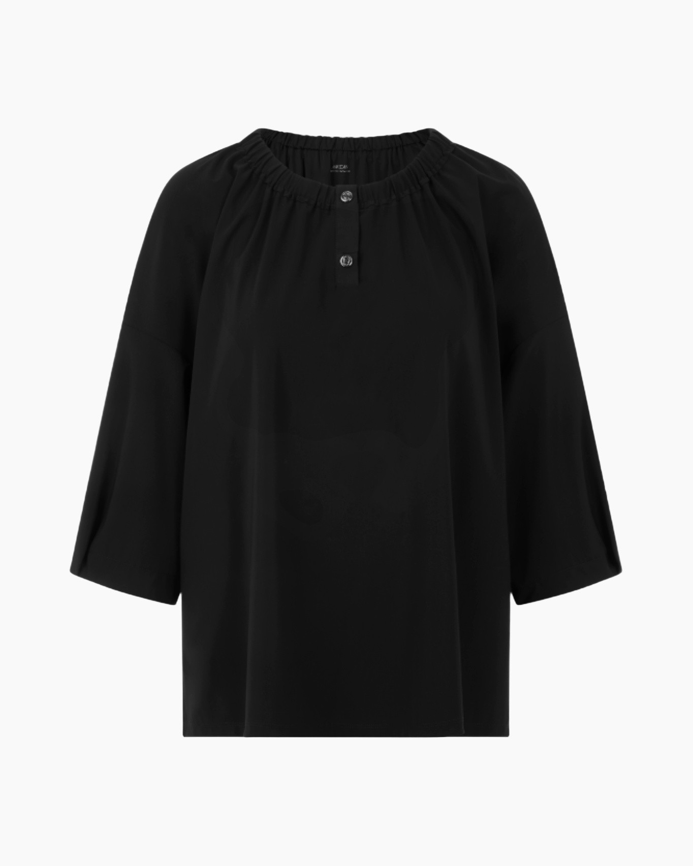 top, blouse, zwart, driekwartmouw, gerimpelde halslijn